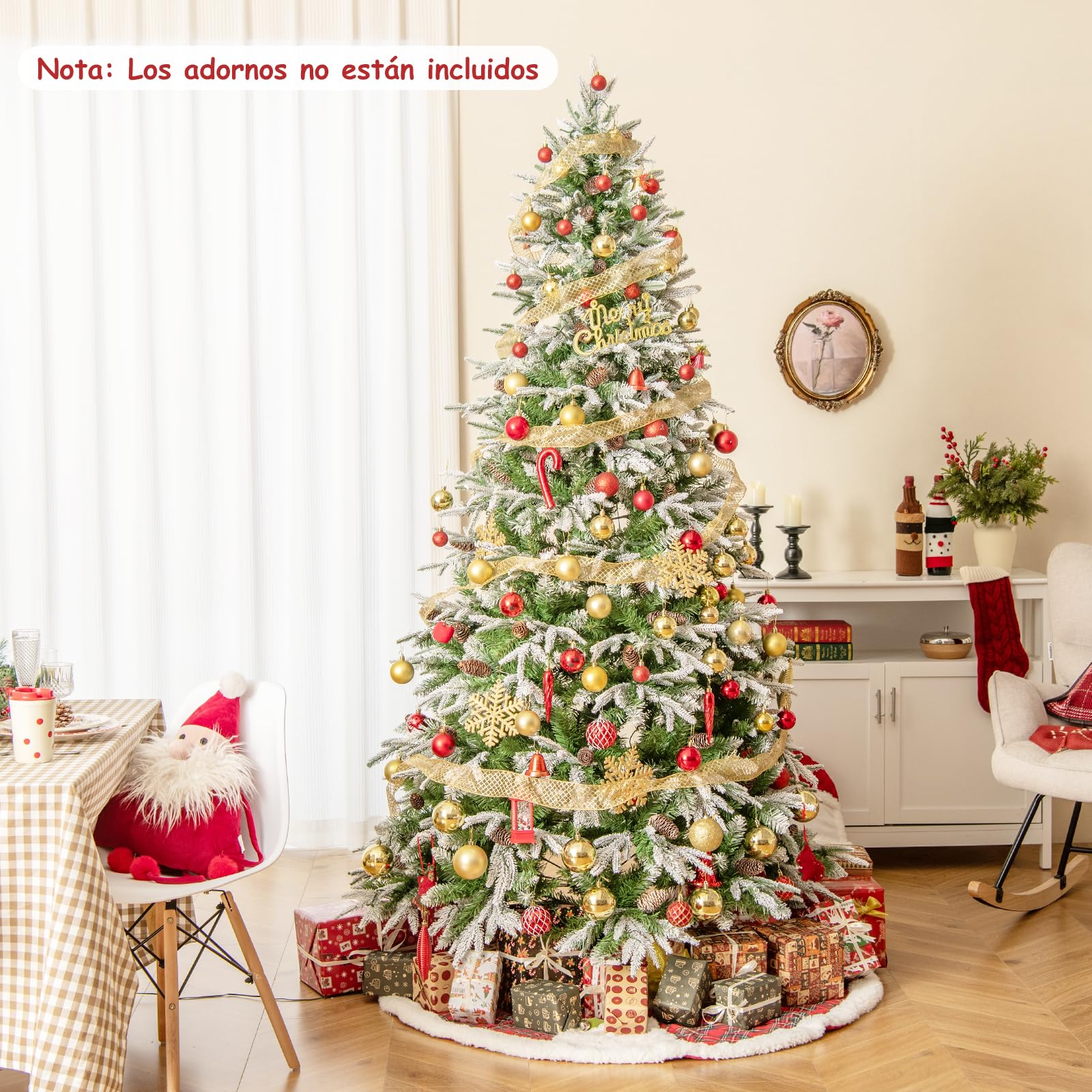 COSTWAY Árbol de Navidad Nevado 225 cm, Arbol de Navidad con Luces Incorporadas, 470 Luces LED Blanco Cálido, 81 Piñas, 1135 Ramas de PE y PVC, Arvore de Natal Hogar Oficina Fiesta (225cm)