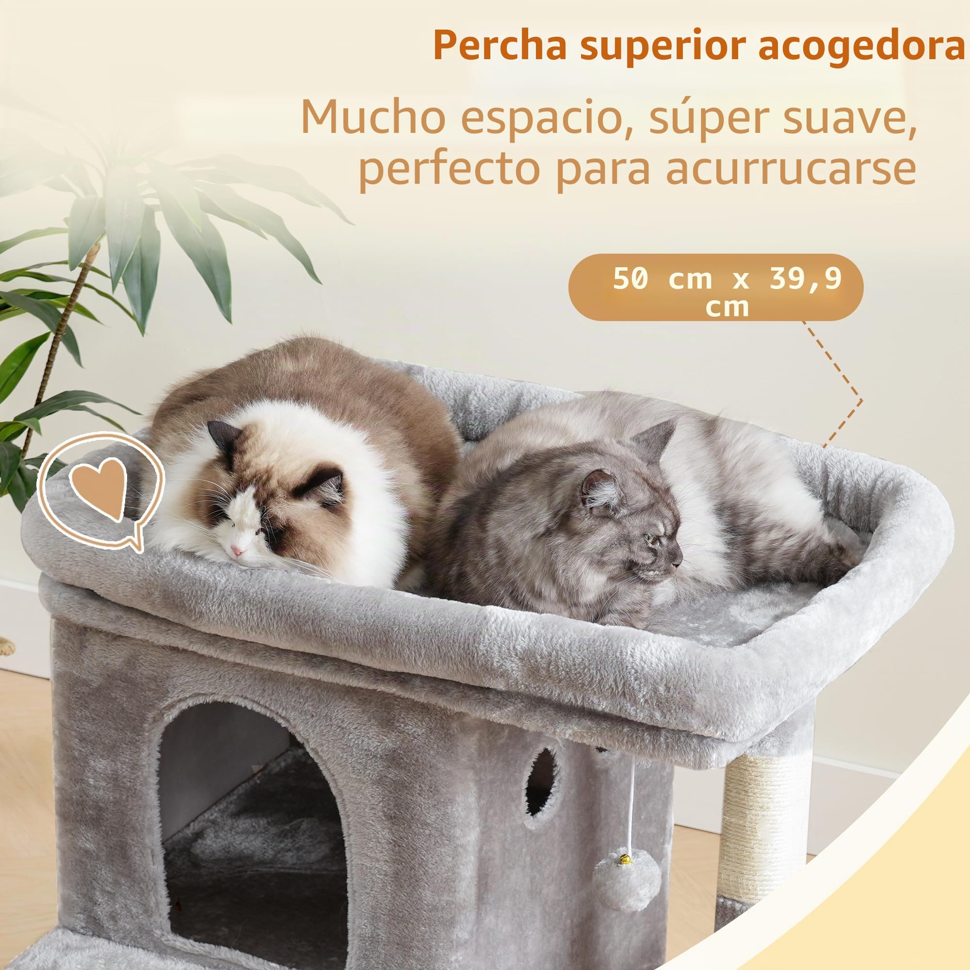Heybly Árbol para Gatos, 65 cm de Altura, con una Plataforma Superior Extragrande, Cesta para Gatos de Dos Pisos, Rascador de Sisal, Cesta y Juguetes para Gatos, Gris Claro HCT204SW