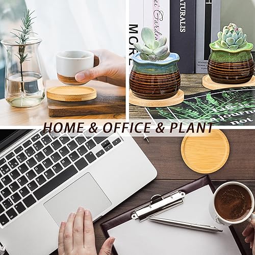 Miniatura 7 de Patelai 10 posavasos redondos de bambú para macetas, platillo de plantas pequeñas, macetas de bambú, bandejas de platillo de bebidas, posavasos de