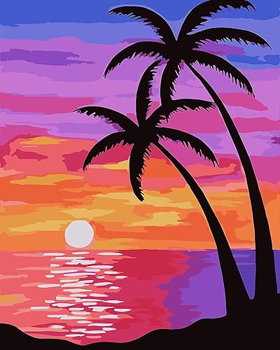 FILASLFT Pintura de playa por números para adultos, pintura por números, paisaje puesta de sol para principiantes, kits de pintura por números con
