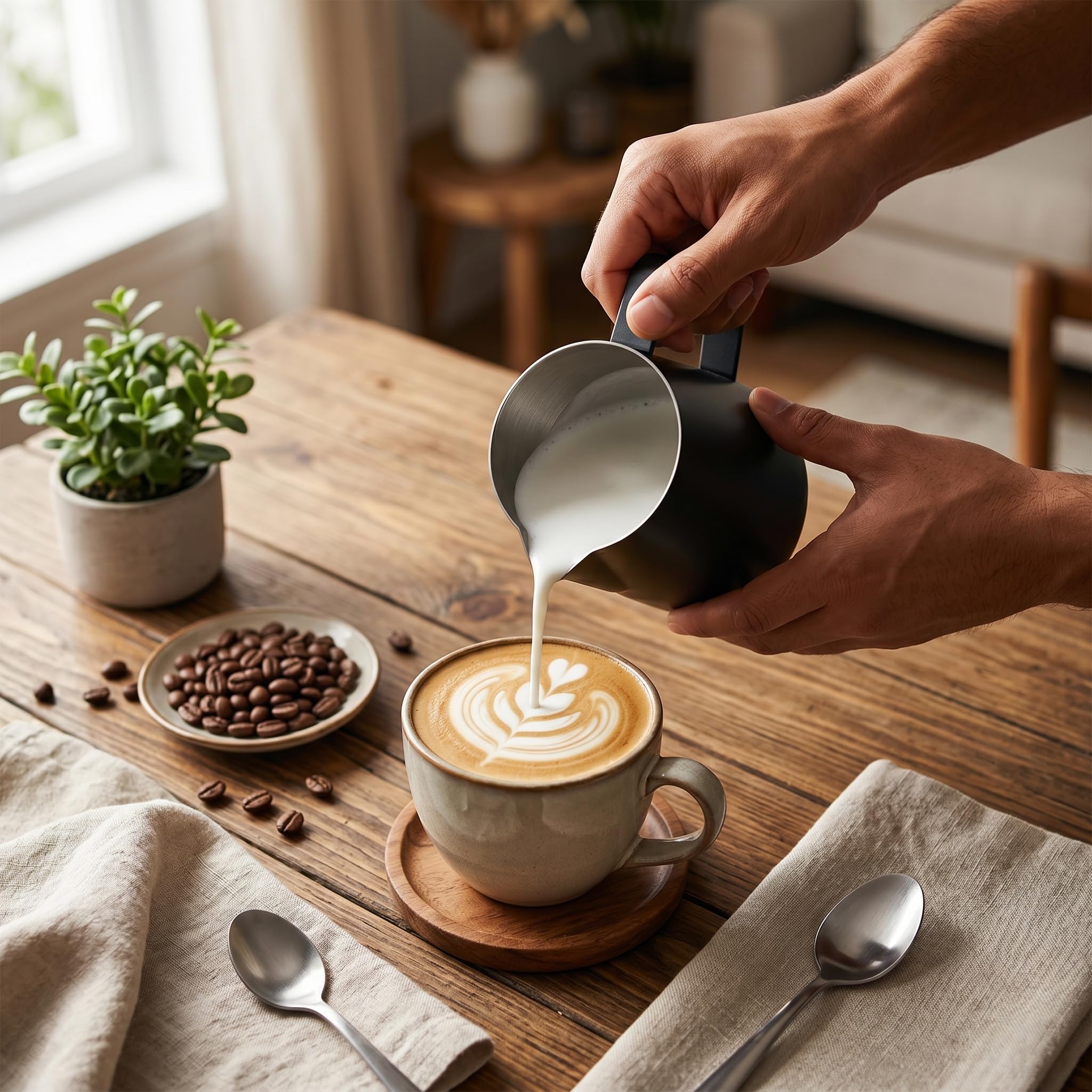 Akozon 700ML Dzbanek do Spieniania Mleka ze Stali Nierdzewnej 304 - Pogrubiony Teksturowany Dzbanek Latte Art do Kawy - Idealny dla Baristów i Domowego Browarnictwa (BLACK)