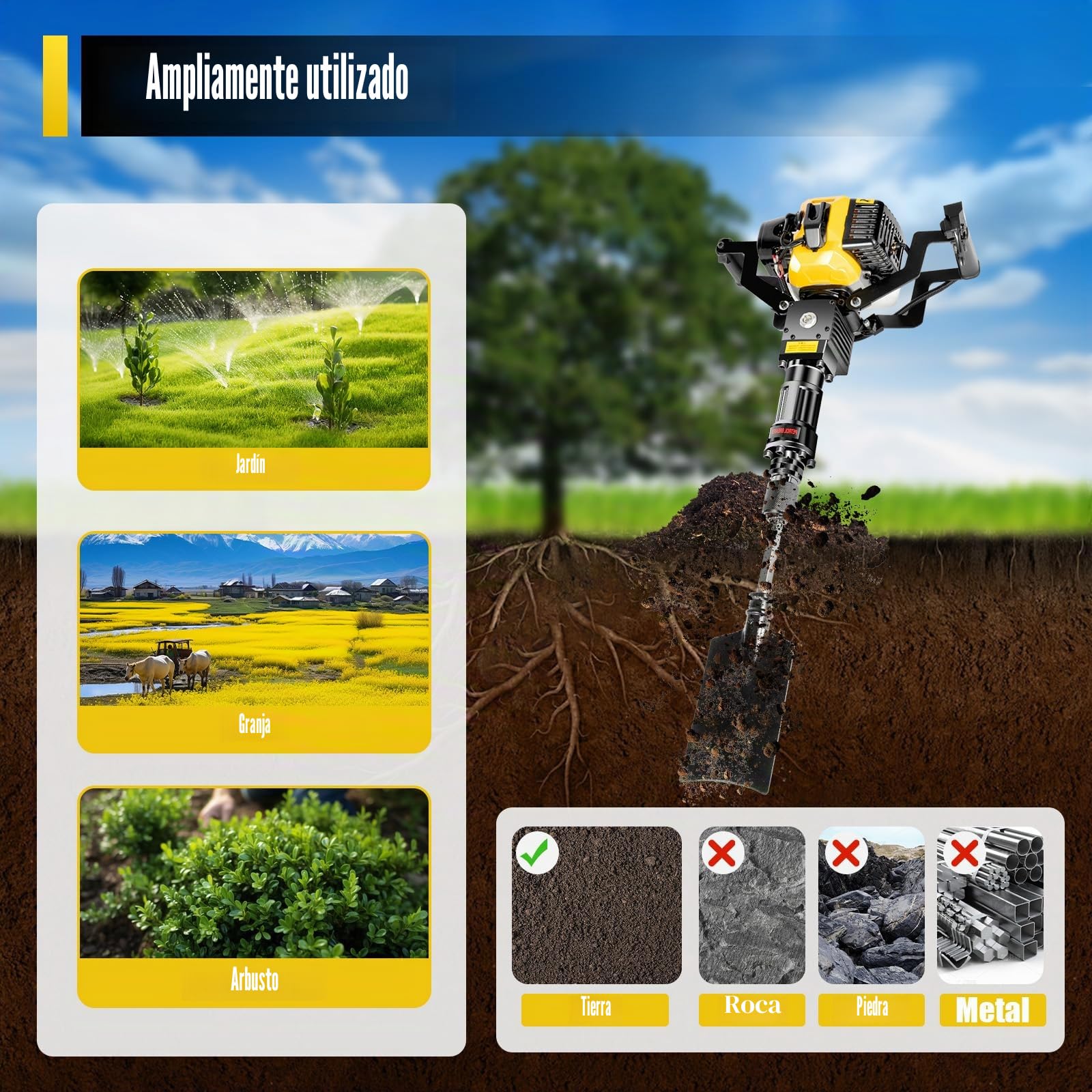 1250W Excavador de árbol de Navidad de gasolina de mano con pala #7 (amarillo)