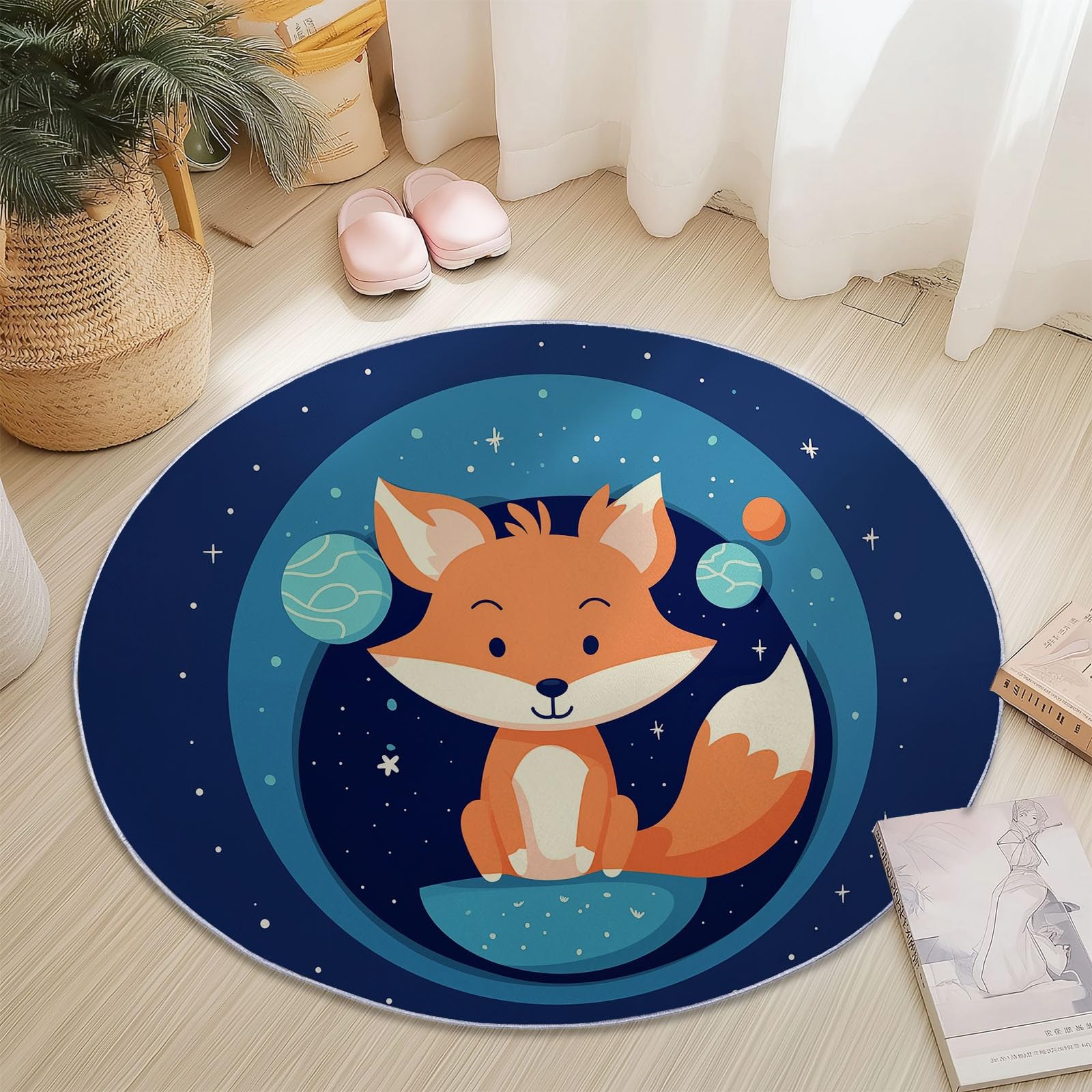 Generisch Waschbar Runder Teppich 120 cm, Dunkelblau Weich Kurzflor Runde Teppiche für Schlafzimmer Eingang Schmücken - Niedlich Cartoon Tier Fuchs Muster rutschfest Pflegeleicht Teppich