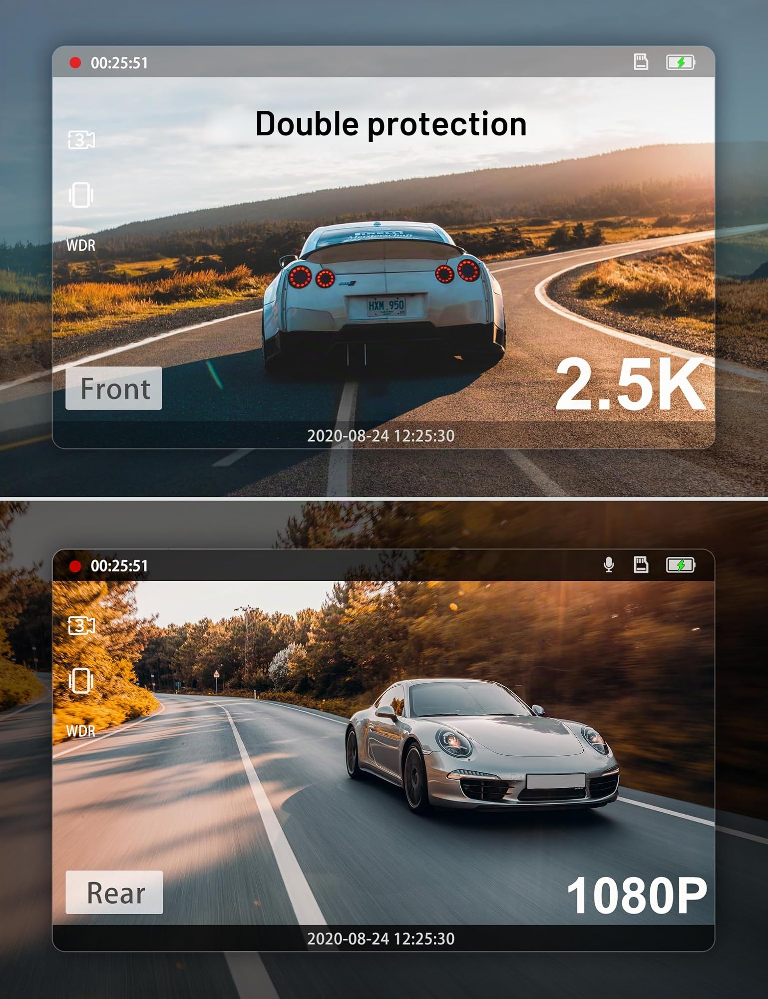 iZEEKER 2.5K Dashcam Voiture Avant Arrière, 1440P+1080P FHD Camera Embarquée Voiture, Mini Caméra Voiture avec Carte SD, Capteur G, Vision Nocturne, WDR, Enregistrement en Boucle, Mode Parking 24H