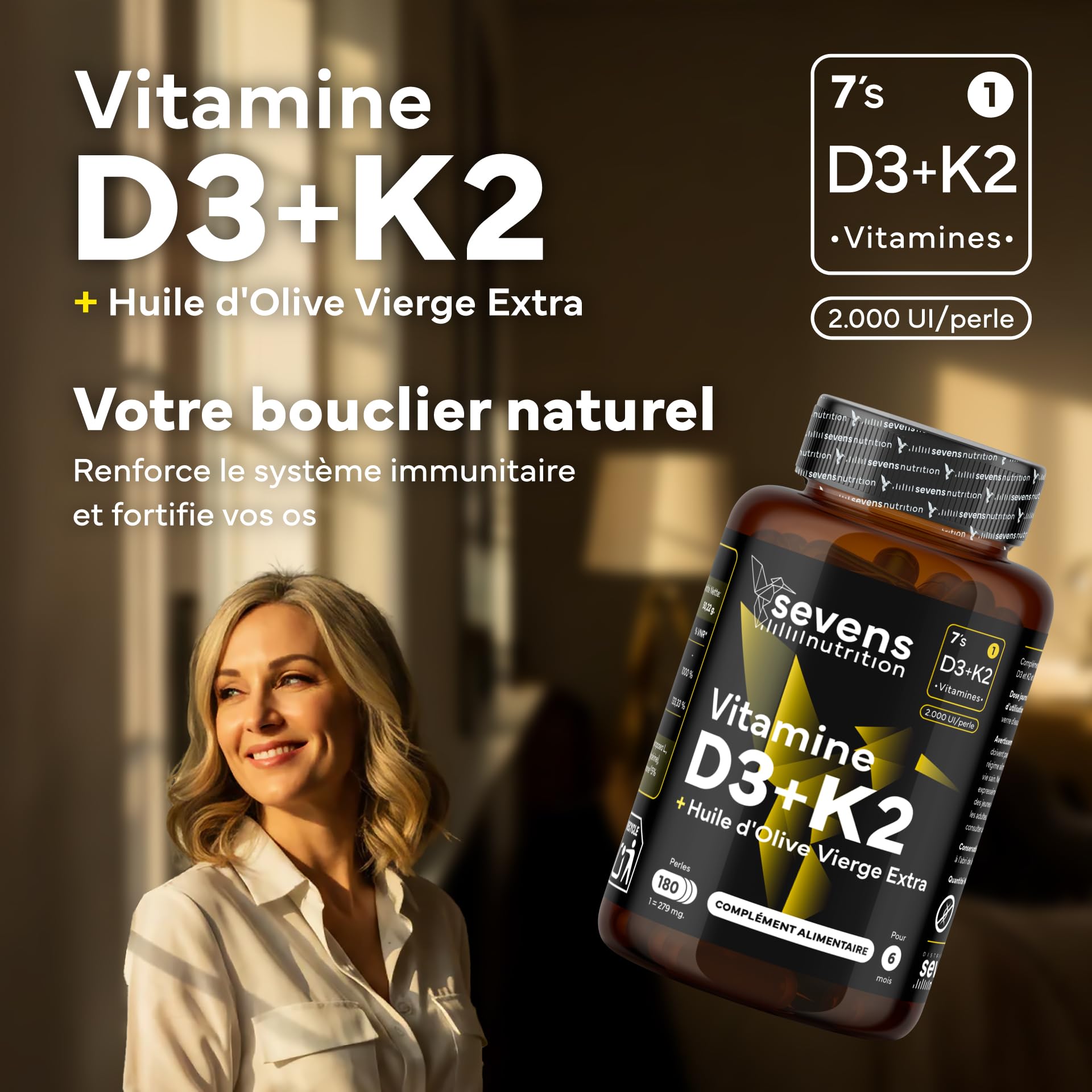 Vitamine D3 K2 MK7 - Vitamin D3 2000UI - Vitamine K2 MK7 100 µg - Avec de l'Huile d’Olive Vierge - 180 Softgels Sans Gluten - Hautement Dosé, Haute Biodisponibilité - Os, Muscles, Système Immunitaire