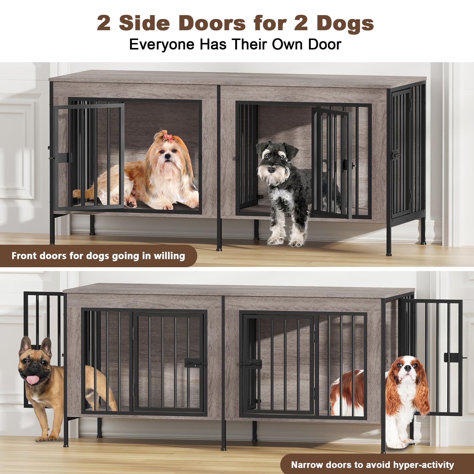Hundekäfig Möbel für 1 Oder 2 Hunde, 4 Türen, 140 cm Holz Hundekäfig für Kleine/Mittlere Hunde, Indoor Hundebox für Zuhause als Beistelltisch und TV-Ständer, 140 x 52 x 66 cm, Graueiche