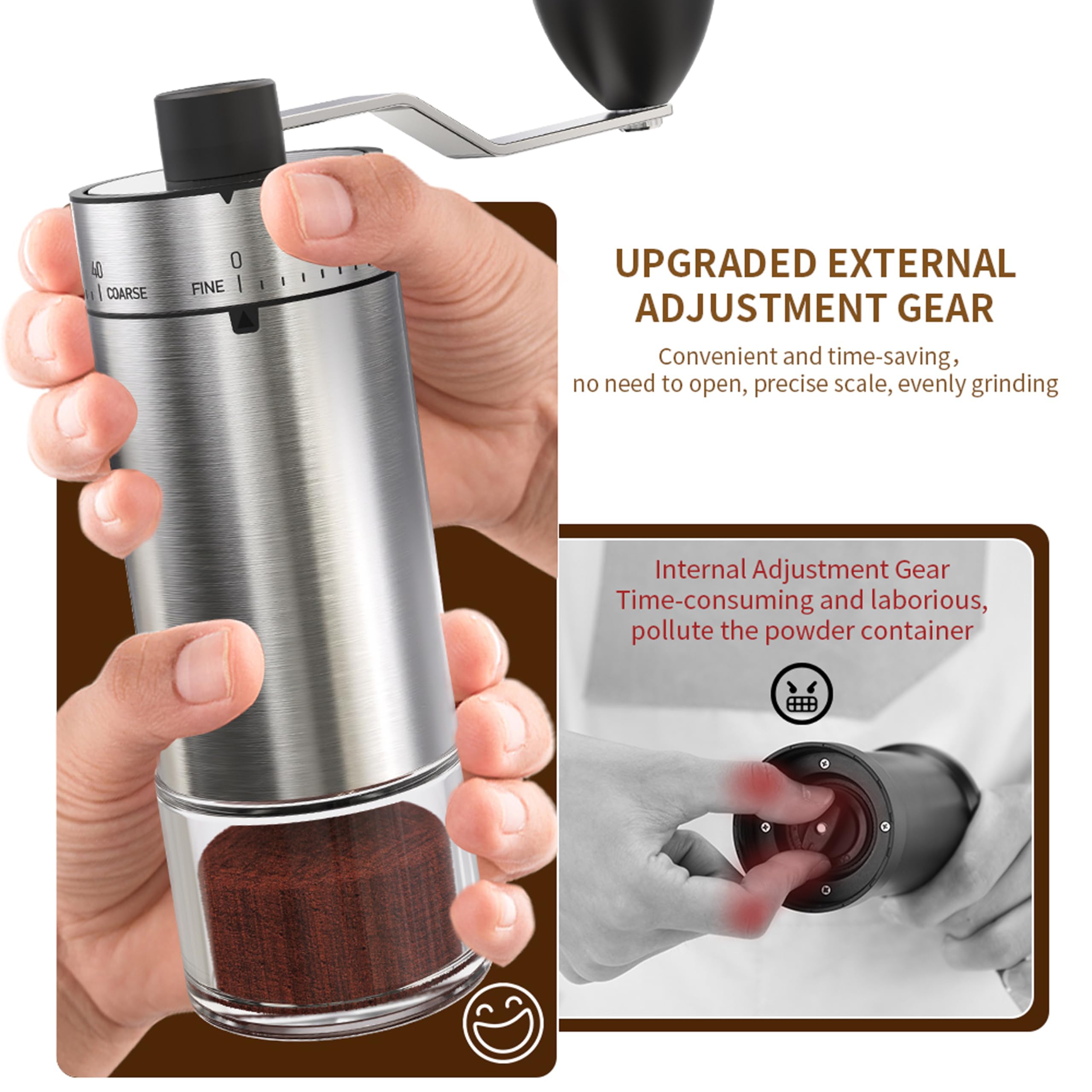Macinacaffè portatile a forma conica per espresso e francese, con doppio cuscinetto, capacità di regolazione interna, 25 g (argento e ceramica)