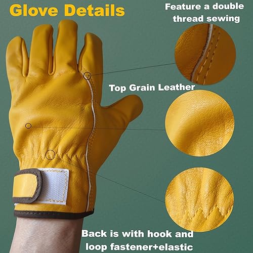 Miniatura 7 de KetterlePPE 2 pares de guantes de trabajo de cuero de vaca para hombres, guantes a prueba de espinas para jardinería, corte de madera, guantes de