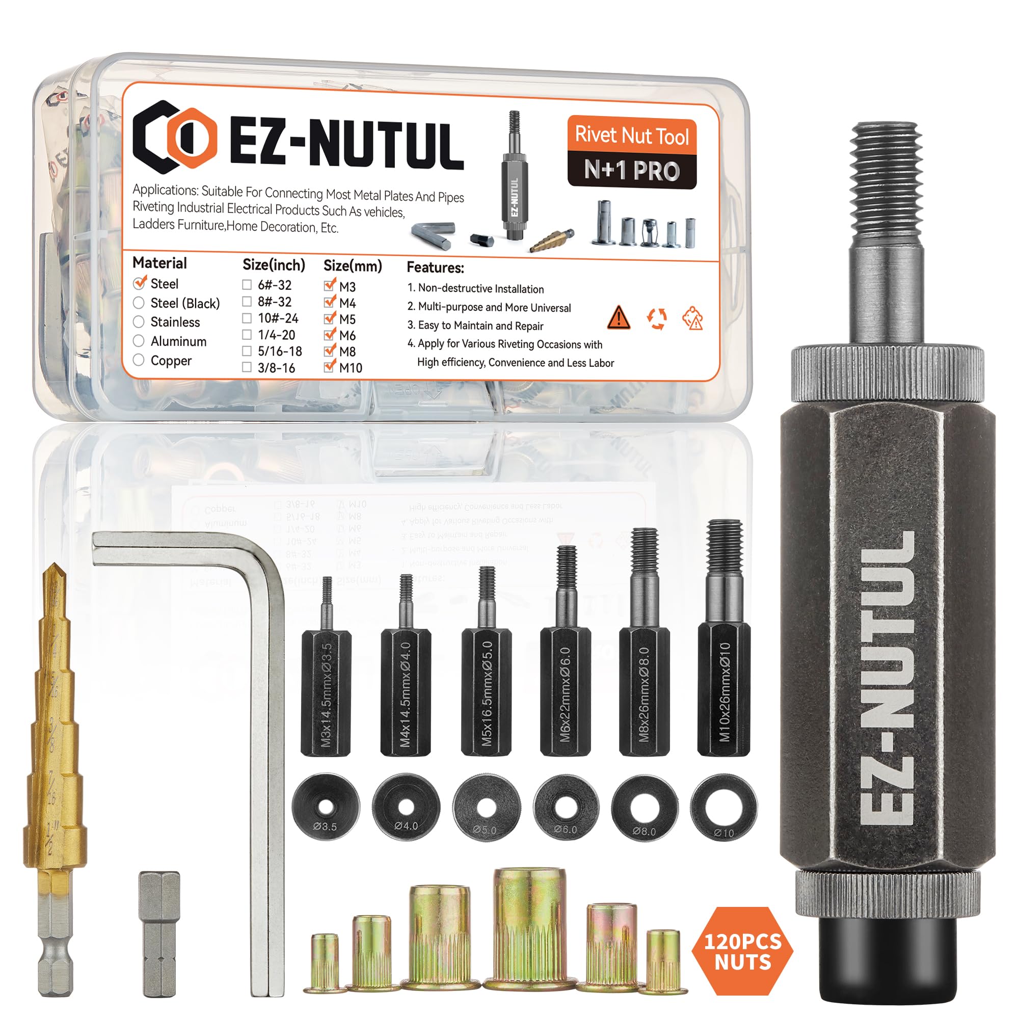 Rivet Nut Installation Tool Set Flat Head Rivnut Threaded Insert Nut Kit SAE & Metric for Metal Heavy Duty Zinc Plated Nutsert (Metric Tool Assortment(120pcs))