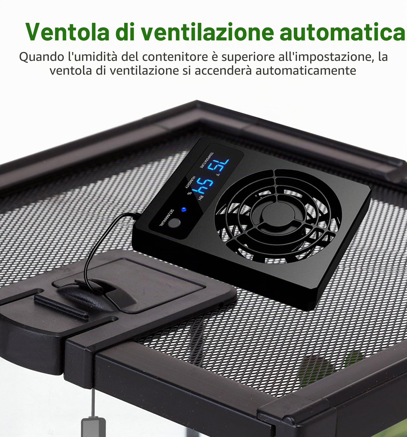 Ventola di ventilazione per rettili, velocità regolabile, controllo dell'umidità, deumidificatore per terrario, vivario, anfibi, rettili, serpenti