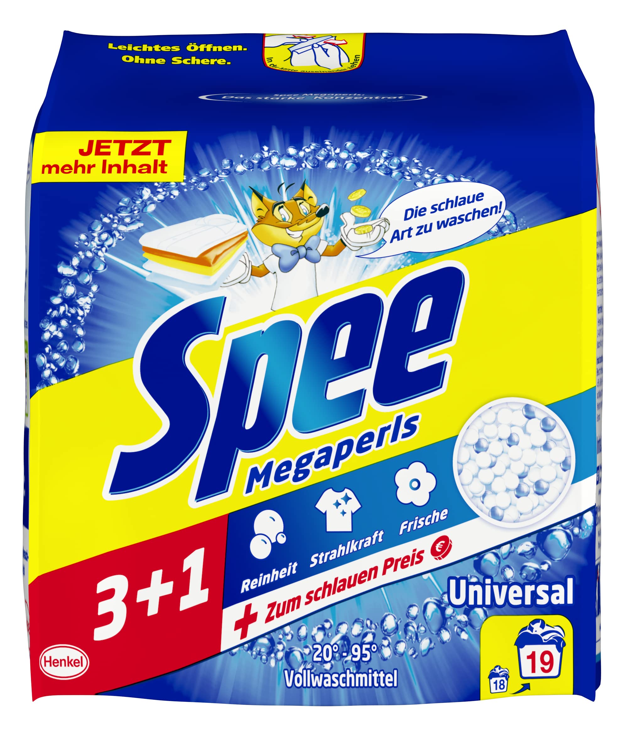 Spee Megaperls Universal Waschpulver 3+1, 95 Waschladungen (5 x 19WL), Waschmittel für weiße Wäsche verleiht Reinheit, Strahlkraft und Frische, Vollwaschmittel zum schlauen Preis