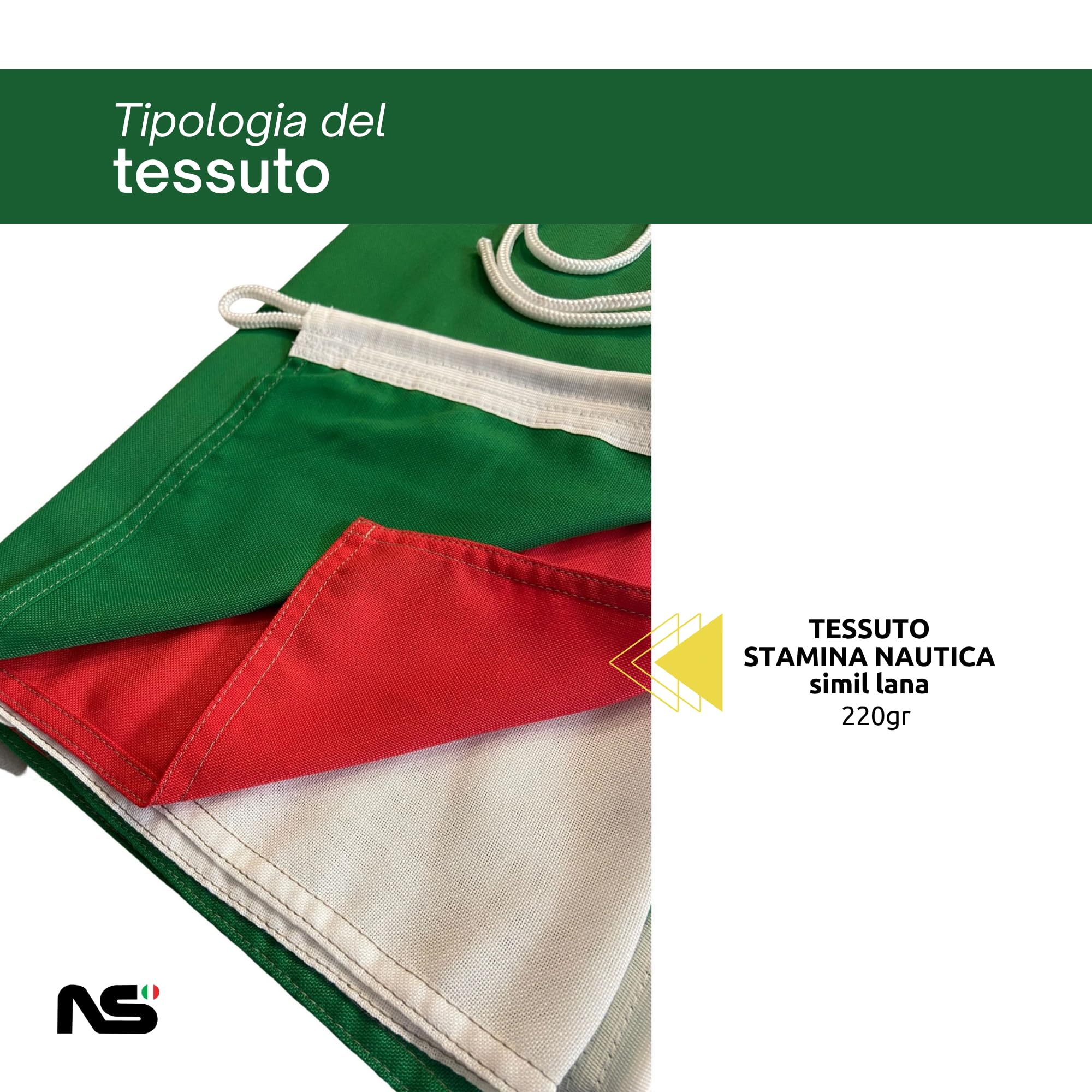 NS BANDIERE | Bandiera Italia Grande cm 300x450 in Tessuto Pesante Stamina Nautica 220gr Antivento Resistente con Corda Laterale e Gancio di Rinforzo