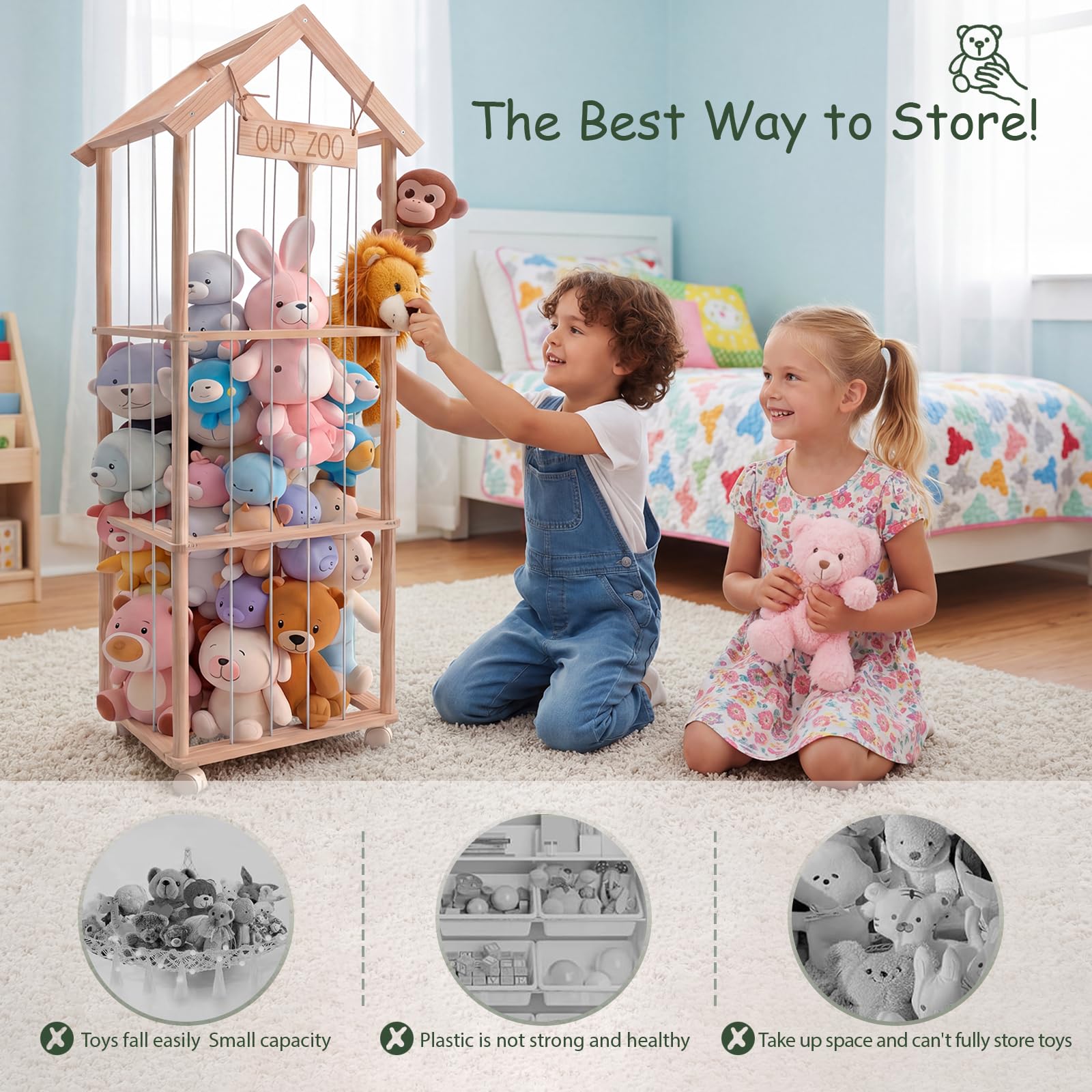 360° Drehbar Kuscheltier Aufbewahrung - Robuste Stofftier Aufbewahrung - Holz Kuscheltier Organizer - Stuffed Animal Storage für Spielzimmer Kinderzimmer Schlafzimmer Wohnzimmer 42x32x143 cm