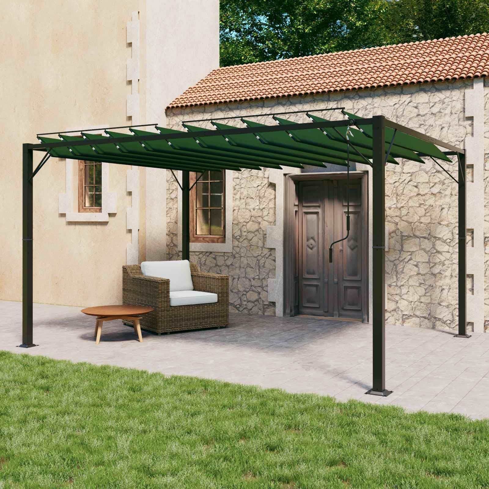 Altana Aluminiowa 3 x 4 x 2,14 m Zielona | Ruchomy Dach z Lamelami, Tkanina Poliestrowa z Powłoką PA, Na Taras i Ogród