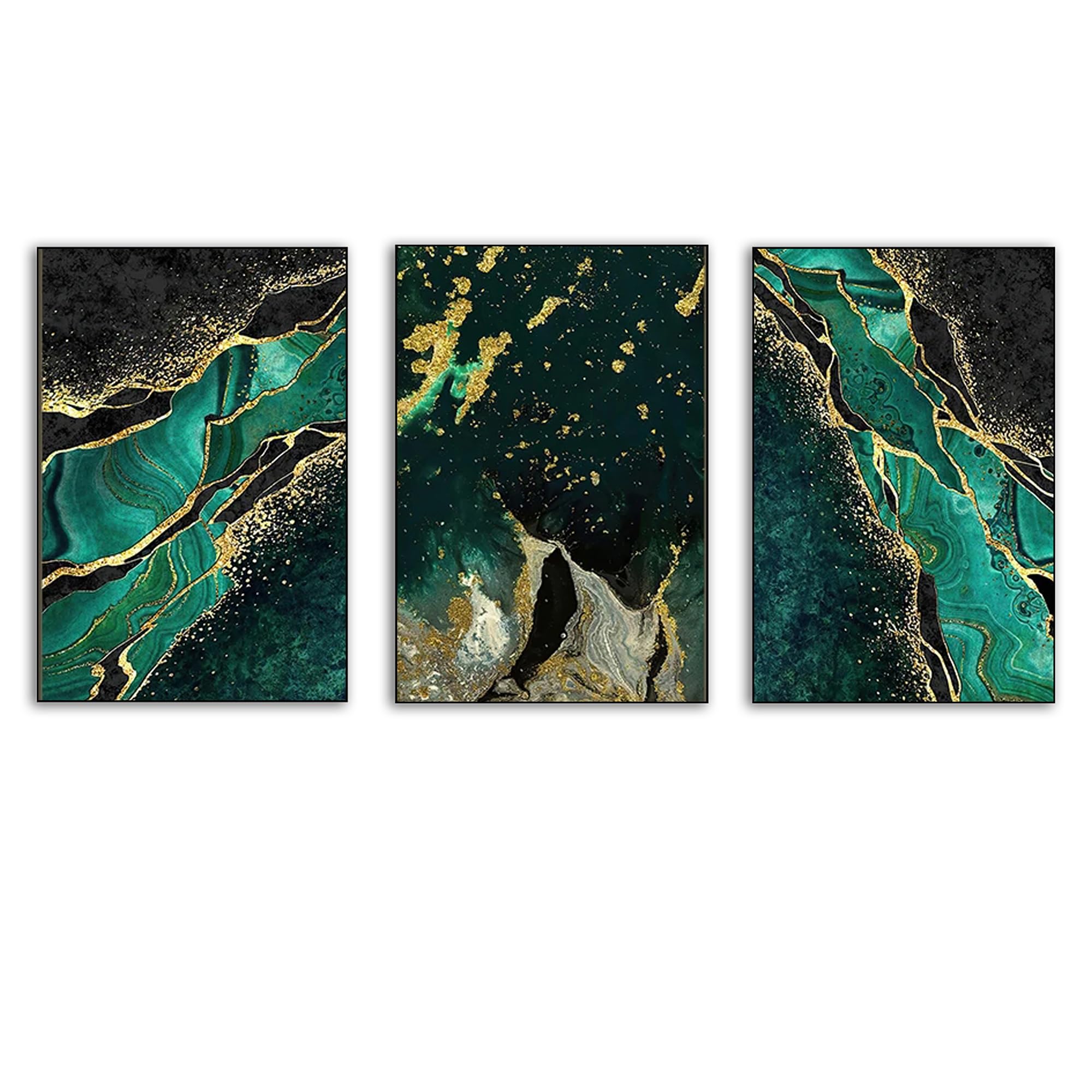 Yffgeartp Set of 3 Green Gold Marble Canvas Wall Art Modern Abstract Dark Green Gold Foil Lines Marble Poster Print Picture Black and Green Marble for Living Room Decoration Unframed-40x60cm