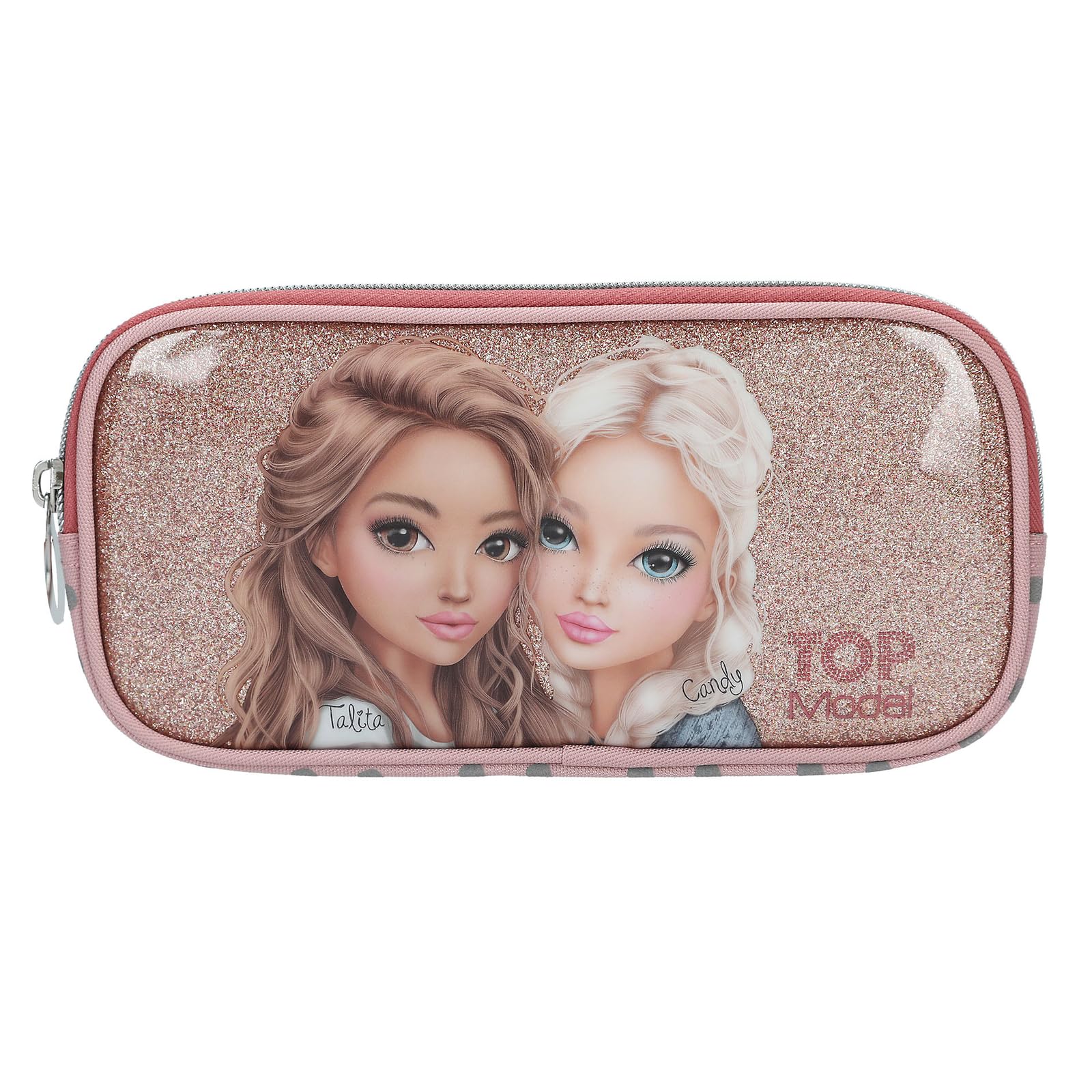 Depesche 14012 TOPModel Dots Pencil Case in Pink with Model Motif, Dots Pattern and Glitter, Pencil Case with Mesh Pocket on the Outside
