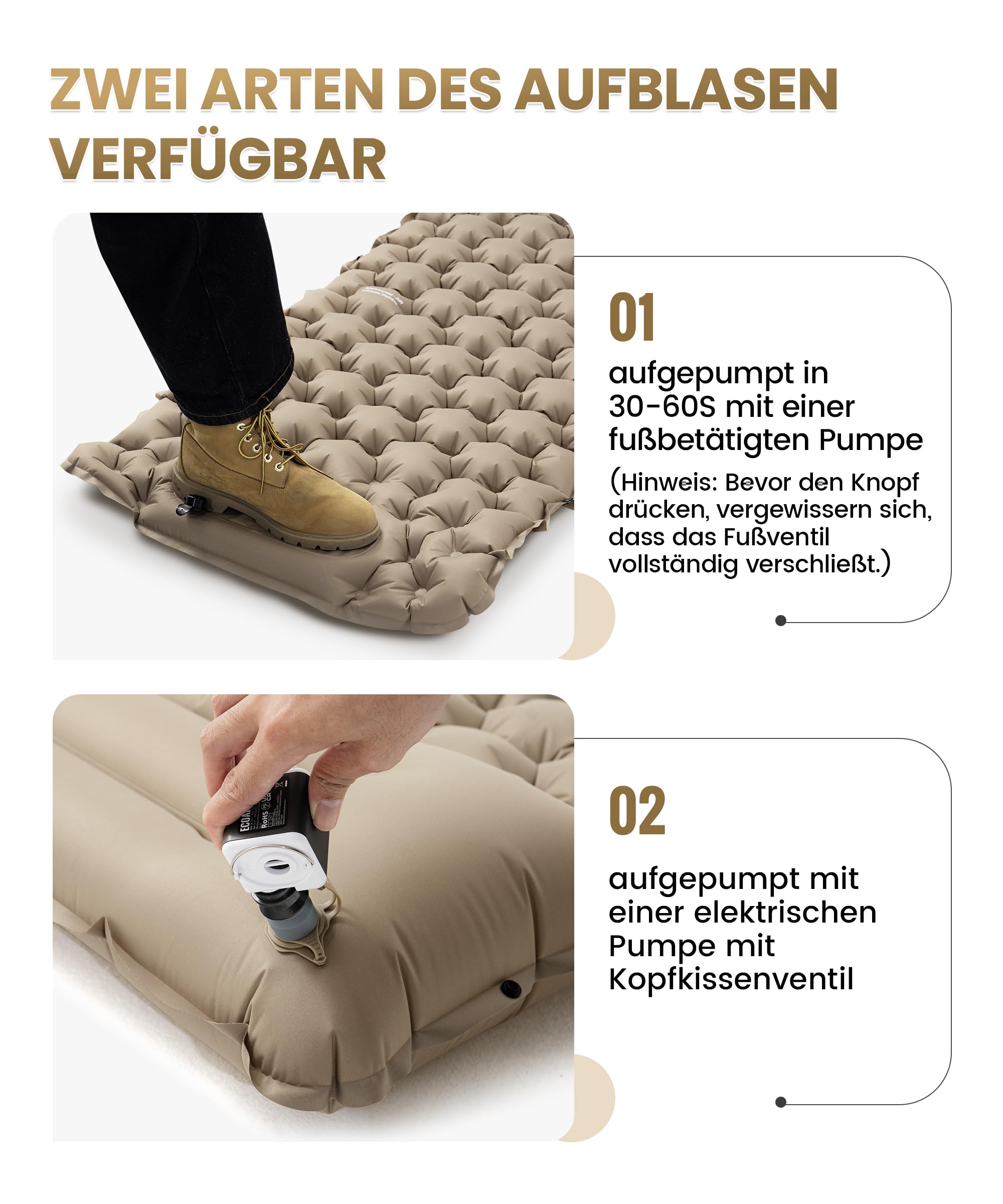 OneTigris Blackcrystal Colchoneta autoinflable ultraligera, colchón hinchable para camping con almohada, colchón de aire compacto para camping y senderismo (marrón coyote)
