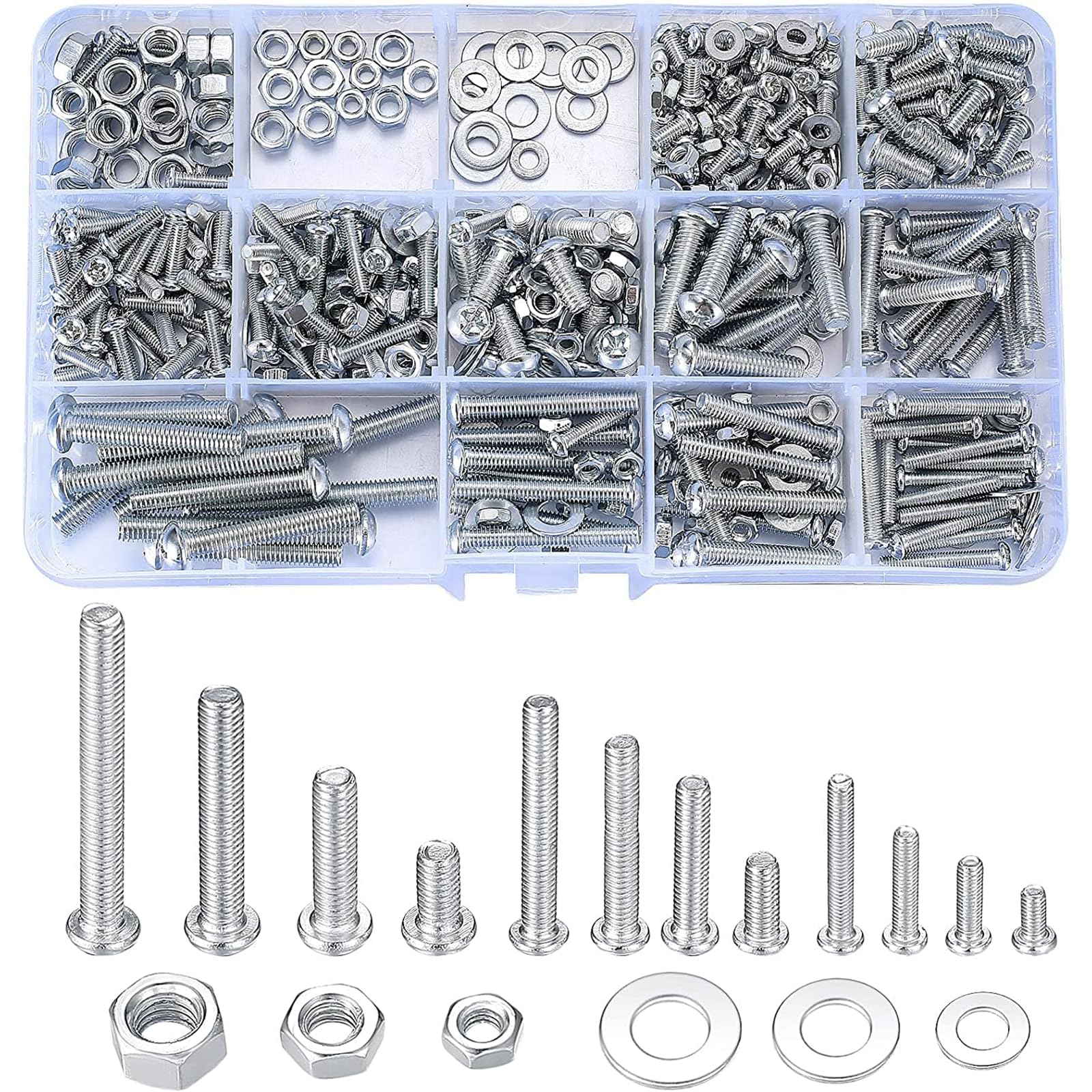 Nuts and Bolts Assortment Kit, M3, M4, M5 Carbon Steel Screws, Bolts, Nuts, Washers, with Storage Case