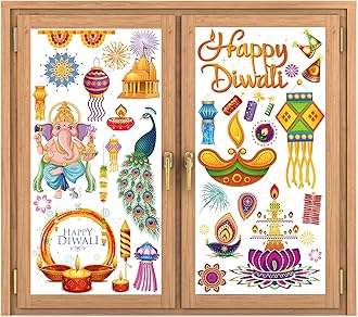 Marspark 9 Sheets Diwali Window Clings Stickers Removable Diwali Window Decals Plastic Sticker Decor Lights Party Decals Sticker for Festivals Homes Parties