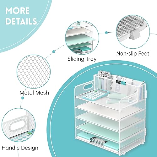 Miniatura 3 de Supeasy Organizador de escritorio de 5 niveles con asa y 3 soportes para bolígrafos, organizador de papel de mallaarchivos para escritorio,