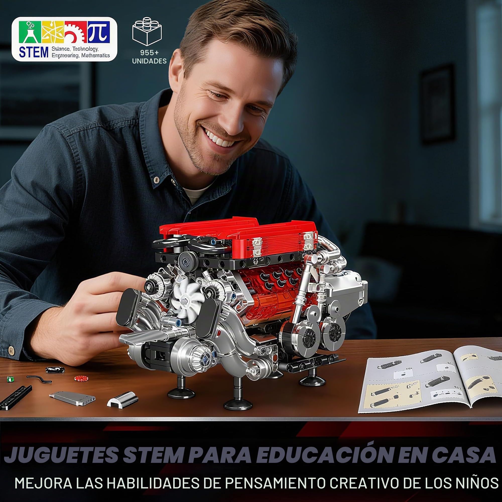 Mould King 10163 Technic W16 - Juego de 955 bloques de construcción con control por aplicación y motor modelo técnico con 16 cilindros y caja de pilas para adultos (rojo)