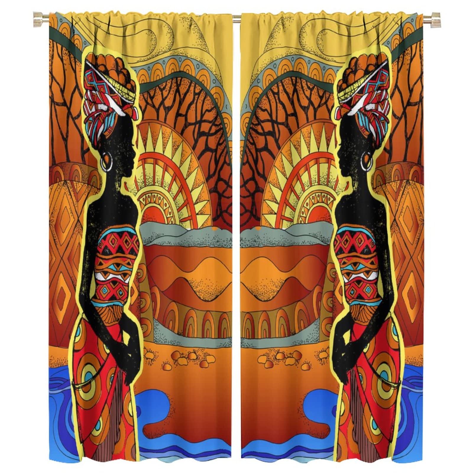 JESTRONRY African Women Bedroom Curtains,Southern Landscape Hand Drawn Black Woman Tribal Ethnic Print Pattern Rod Pocket Window Drapes for Living Room Kitchen Bathroom Decor W42xL54in