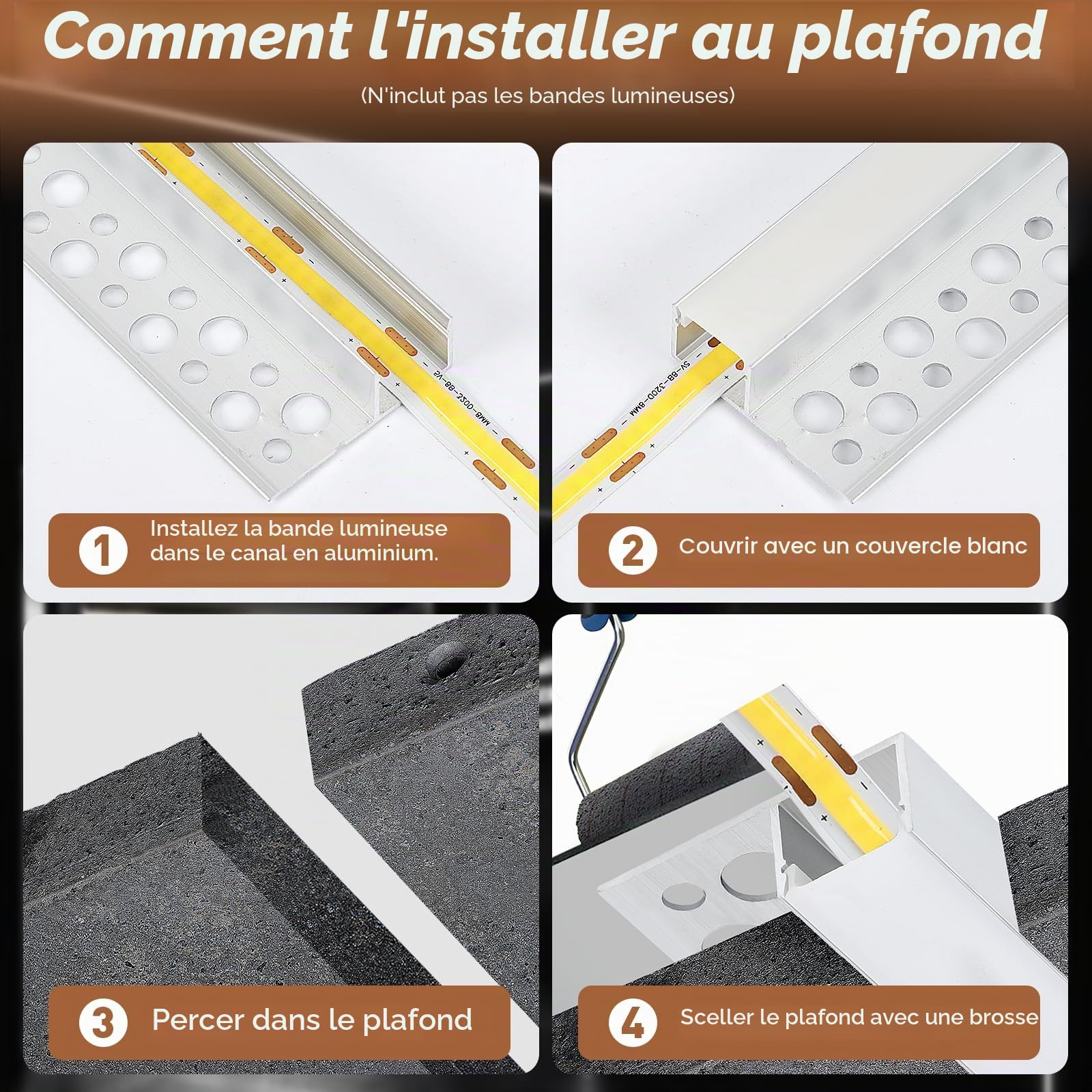 Profilé en aluminium pour panneaux de 1 m avec diffuseurs LED encastrés et couvercle blanc laiteux, 6 bandes de 1 m (B, pour bandes LED de 12 mm)