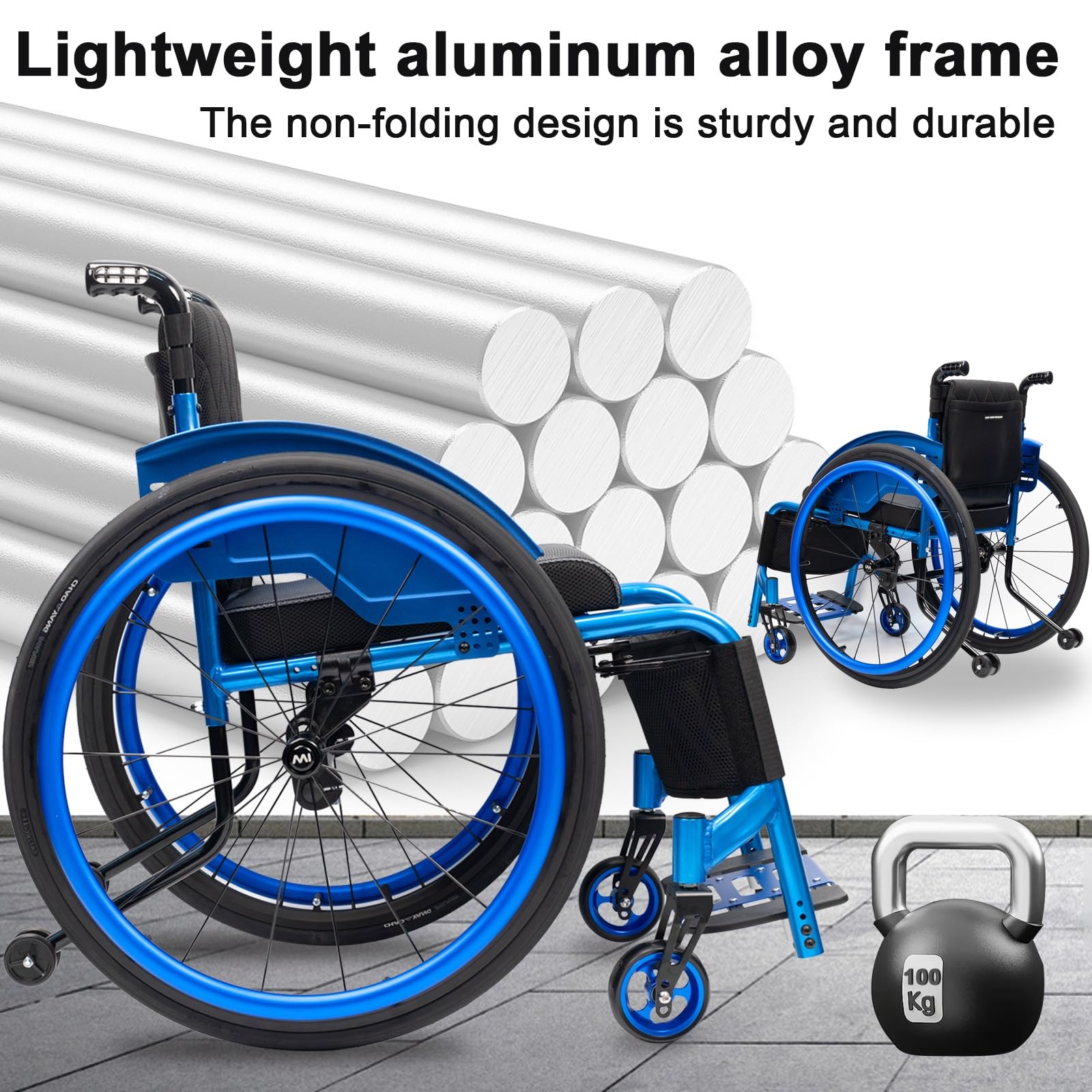 Nieskładane wózki inwalidzkie, stop aluminium, dla dorosłych, nośność 100 kg, wyposażony w podnóżki, poduszkę do siedzenia i tylne koło 61 cm (szerokość siedziska: 40 cm)