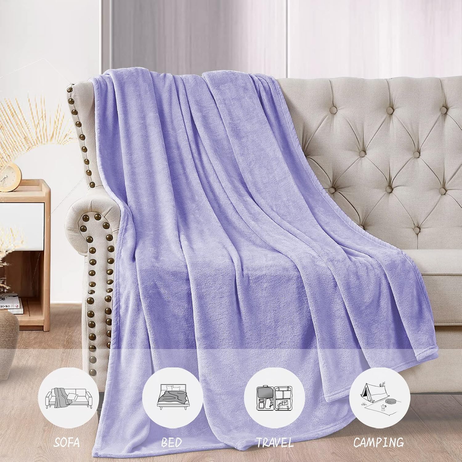Soft Fleece King Size Blanket, Lilac Lightweight Microfiber Blankets for Sofa, Bed, Couch, Breathable Thermal Warmth Comfort, 108” x 90”