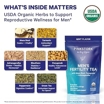 BlueStork Organic Fertility Tea for Men, Mint, 15 Sachets | Organic Fertility Supplements for Men - Green Tea, Maca Root, and Ginkgo Biloba - Male Reproductive Health
