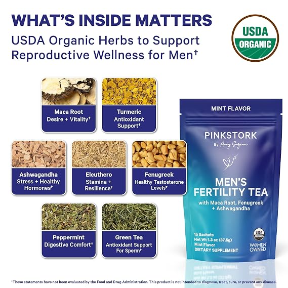 BlueStork Organic Fertility Tea for Men, Mint, 15 Sachets | Organic Fertility Supplements for Men - Green Tea, Maca Root, and Ginkgo Biloba - Male Reproductive Health