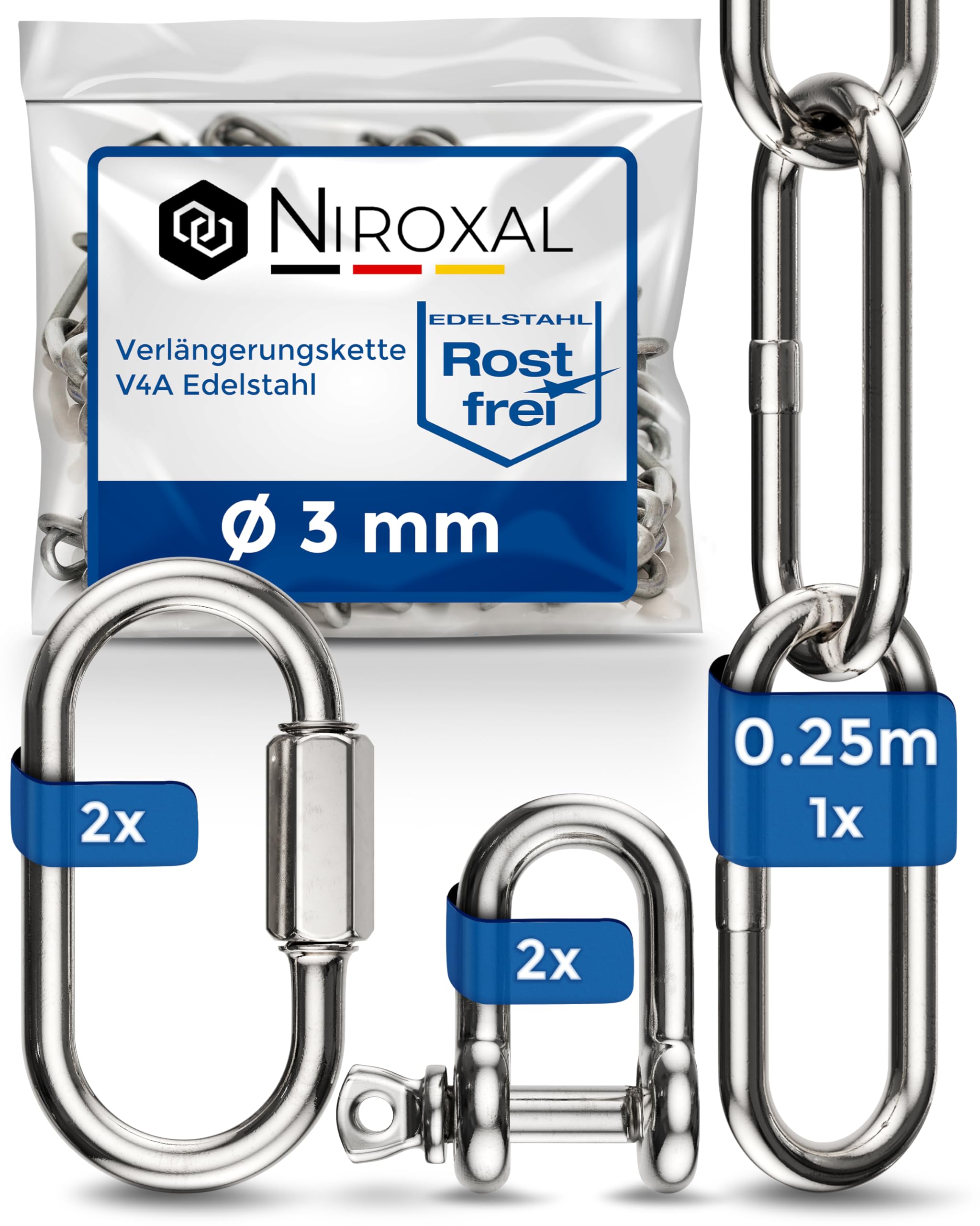 25-cm = 0,25 metri catena di prolunga in acciaio inox di 3 mm di spessore carico di rottura max 350 kg con grillo connettori a vite in V4A set