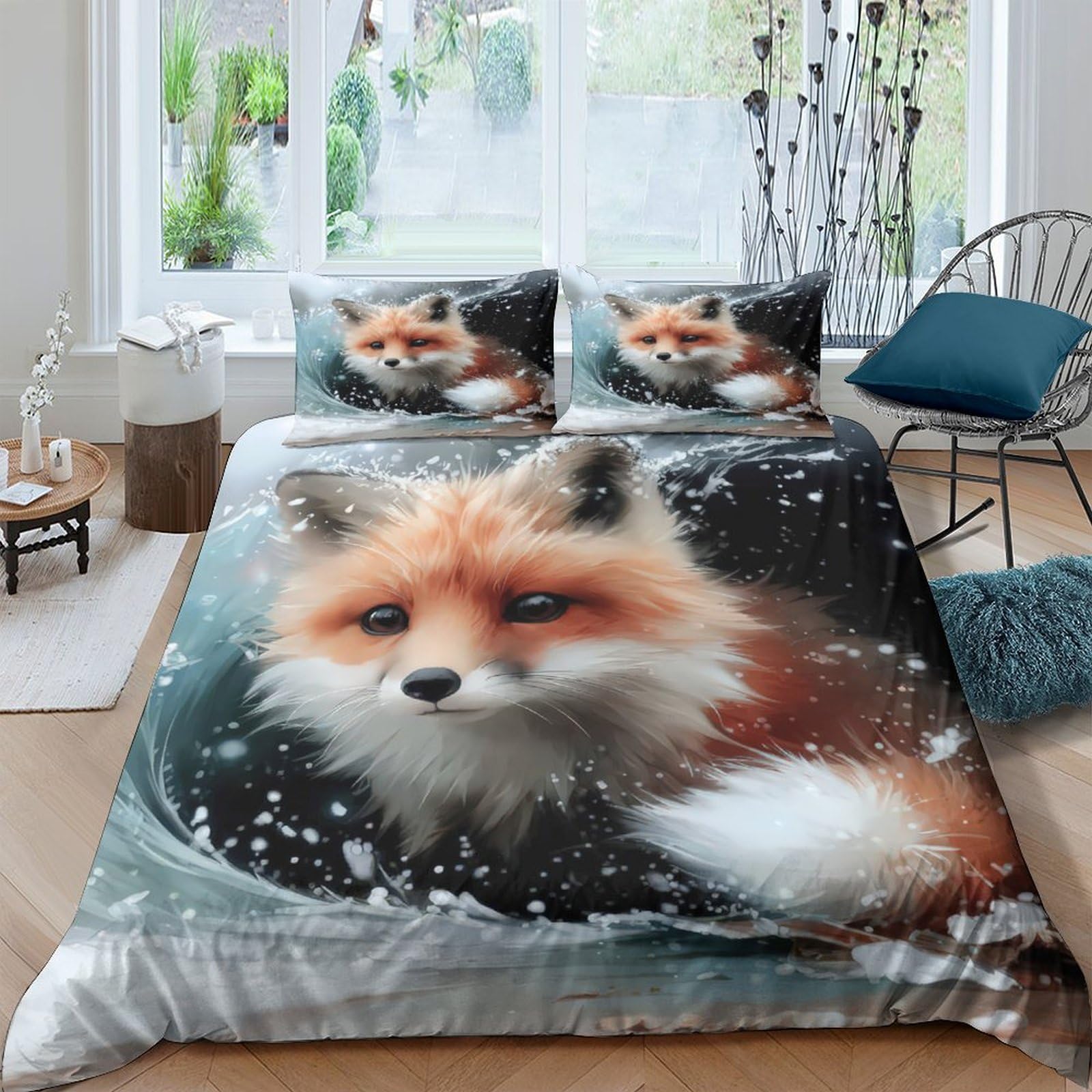GPLZQXKJNH 3D Printed Fox Winter Forest Duvet Cover Microfiber Soft Bedding Set with 2 Pillowcases for Bedroom Home Decor Single（135x200cm）