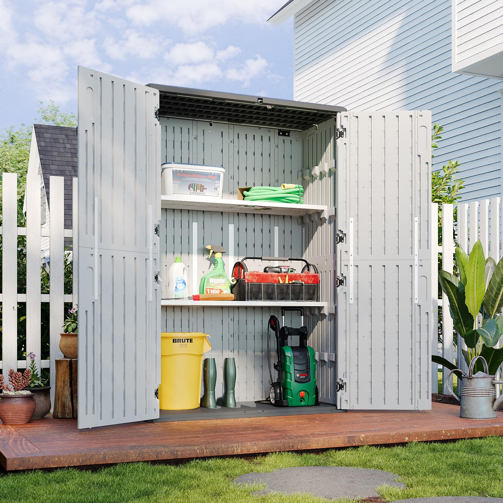 Aoxun 64 Cu.Ft Resin Outdoor Storage Shed with 2 Shelves &amp; Floor, White