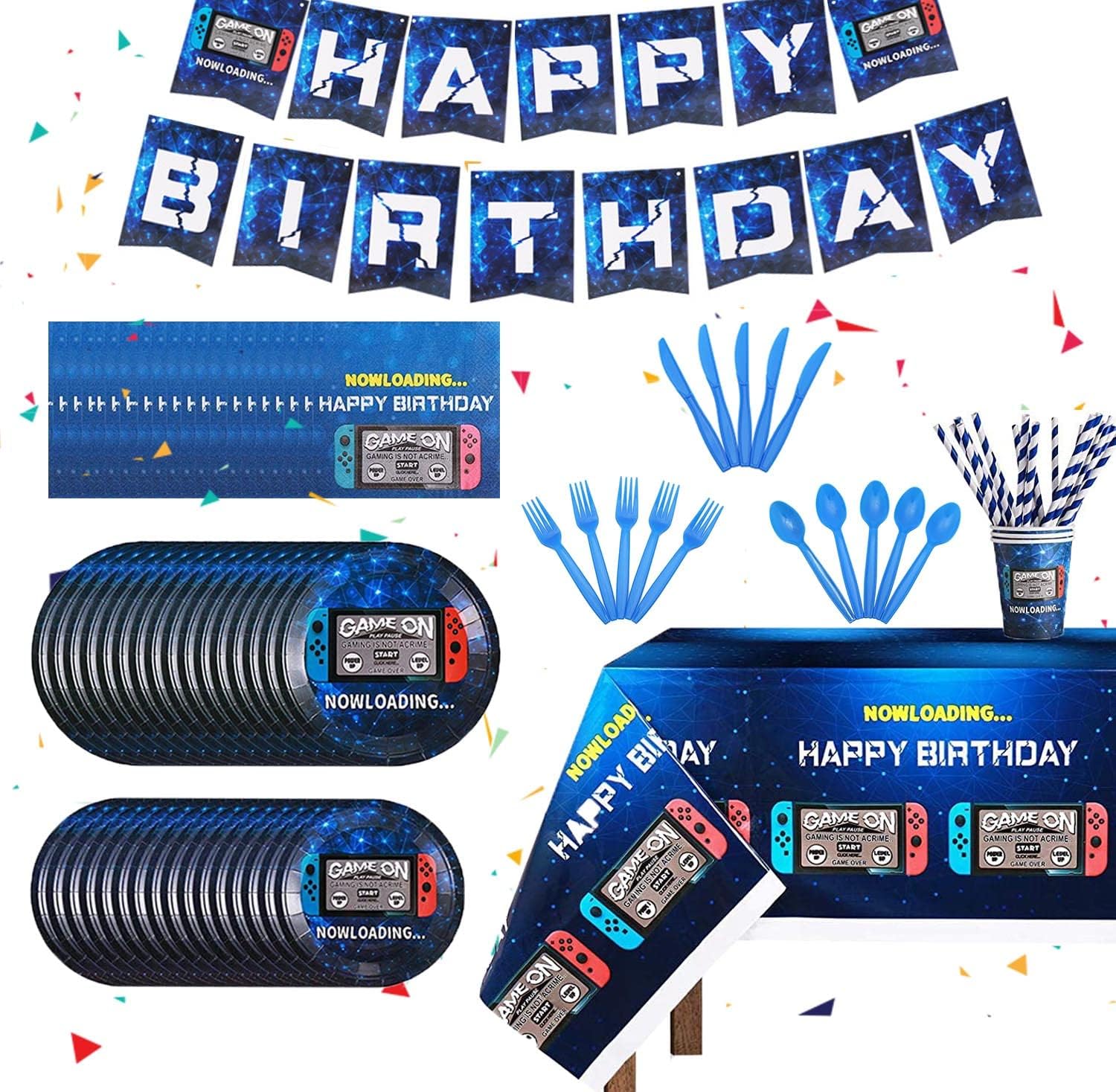 Video Game Party Supplies Include Video Game Paper Plates, Cups, Straw, Napkins, Spoon, Fork, knives Table Cover Banner, Video Game Birthday Party Decorations and Tableware Serves 20 Guests, 162CT