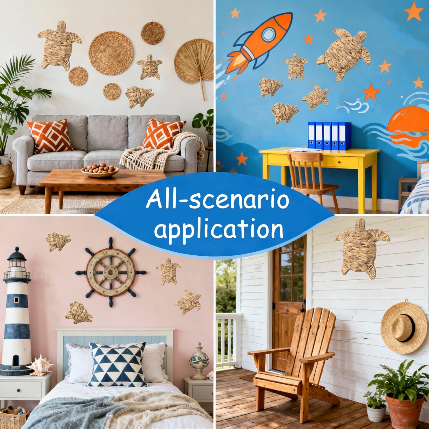 TPOJK Handmade Wicker Turtle & Fish Wall Decor Set,5pcs Ocean Theme Coastal Sea Life Sculpture hanging wall Art for Boho Bathroom Decor, Indoor Outdoor Beach Ornament