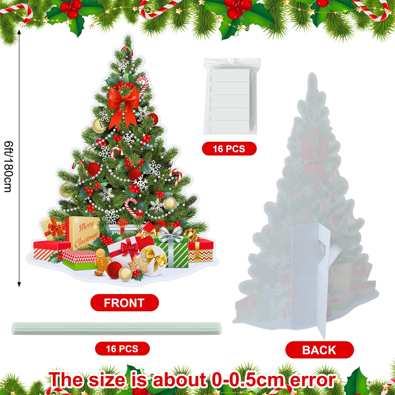 DoubleFill 6 Ft Christmas Tree Life Size Cardboard Cutout Stand Ups Christmas Tree Photo Props Waterproof PVC Standup Christmas Party Decoration for Xmas Party Floor Yard Outdoor Indoor Home Decor