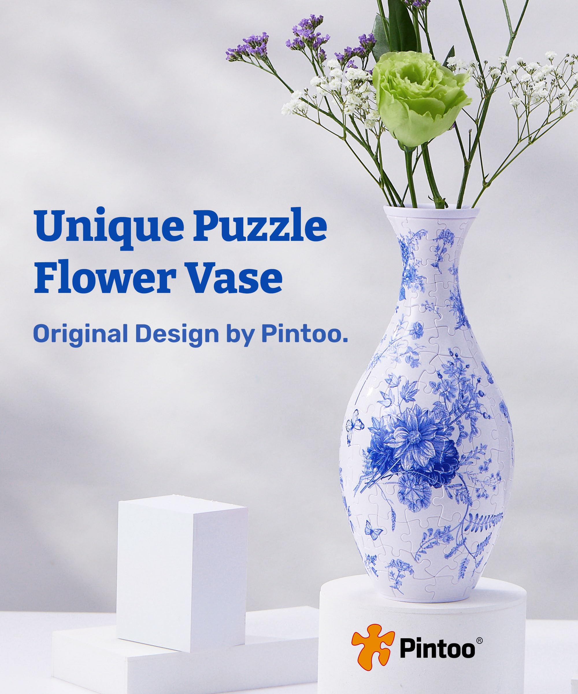 Pintoo 3D Puzzle Vase Unique Flower Vase Made by 160 Curved Plastic Puzzle Pieces House Warming Gift for Flower Arrangements and Home Decoration - [S1032] (Classic, Indigo Age): Blooming Season classic