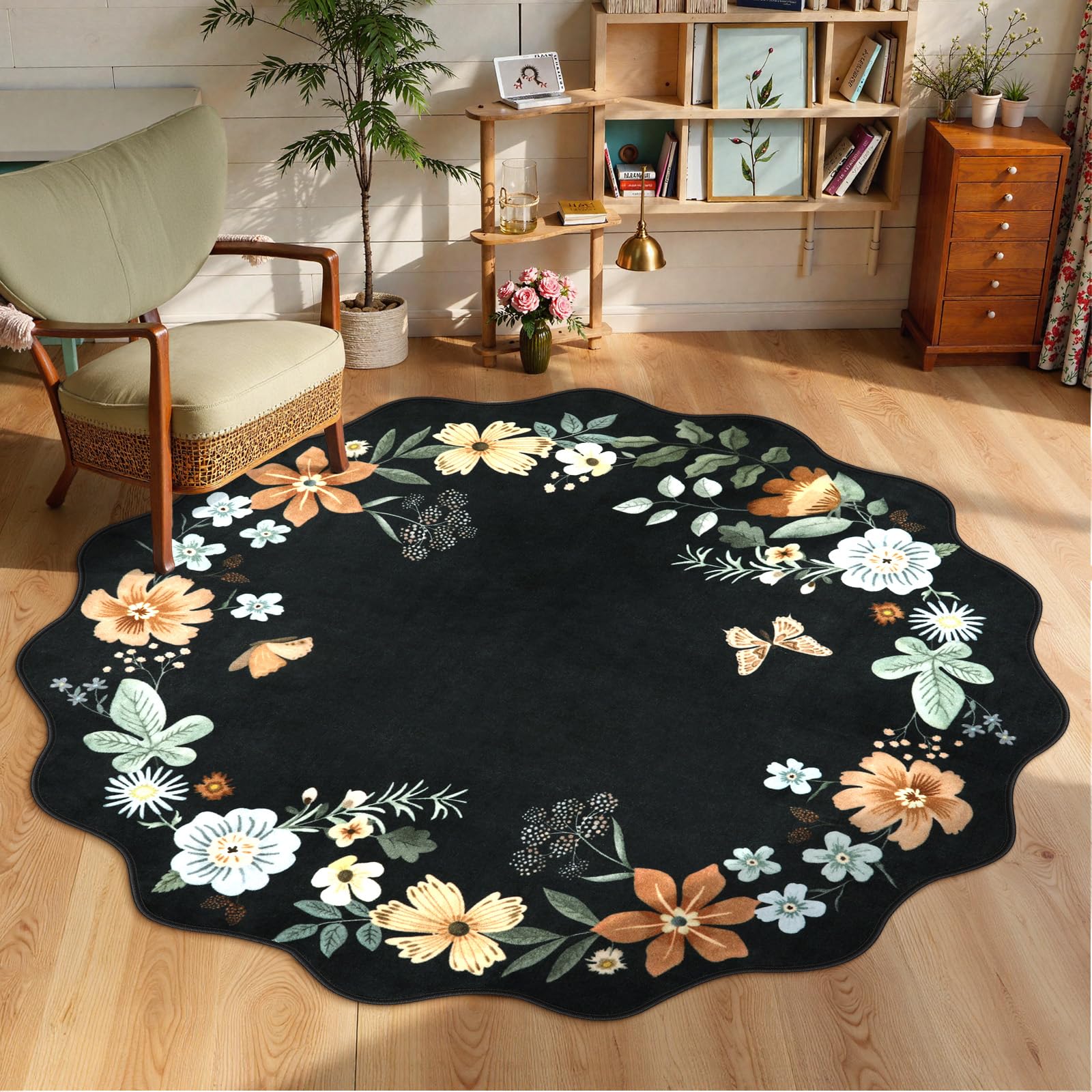 Lahome Floral Washable Round Area Rug, Soft Round Rugs 6ft Ultra-Thin Non-Slip, Boho Large Circle Carpet for Bedroom Living Room Kitchen Nursery Flore