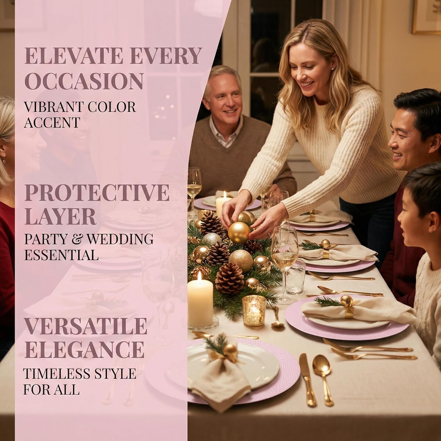 Pink Charger Plates, Set of 6, Chargers for Dinner Plates. Plastic Charger for Wedding, Party, Elegant Tableware Chargers Decoration.