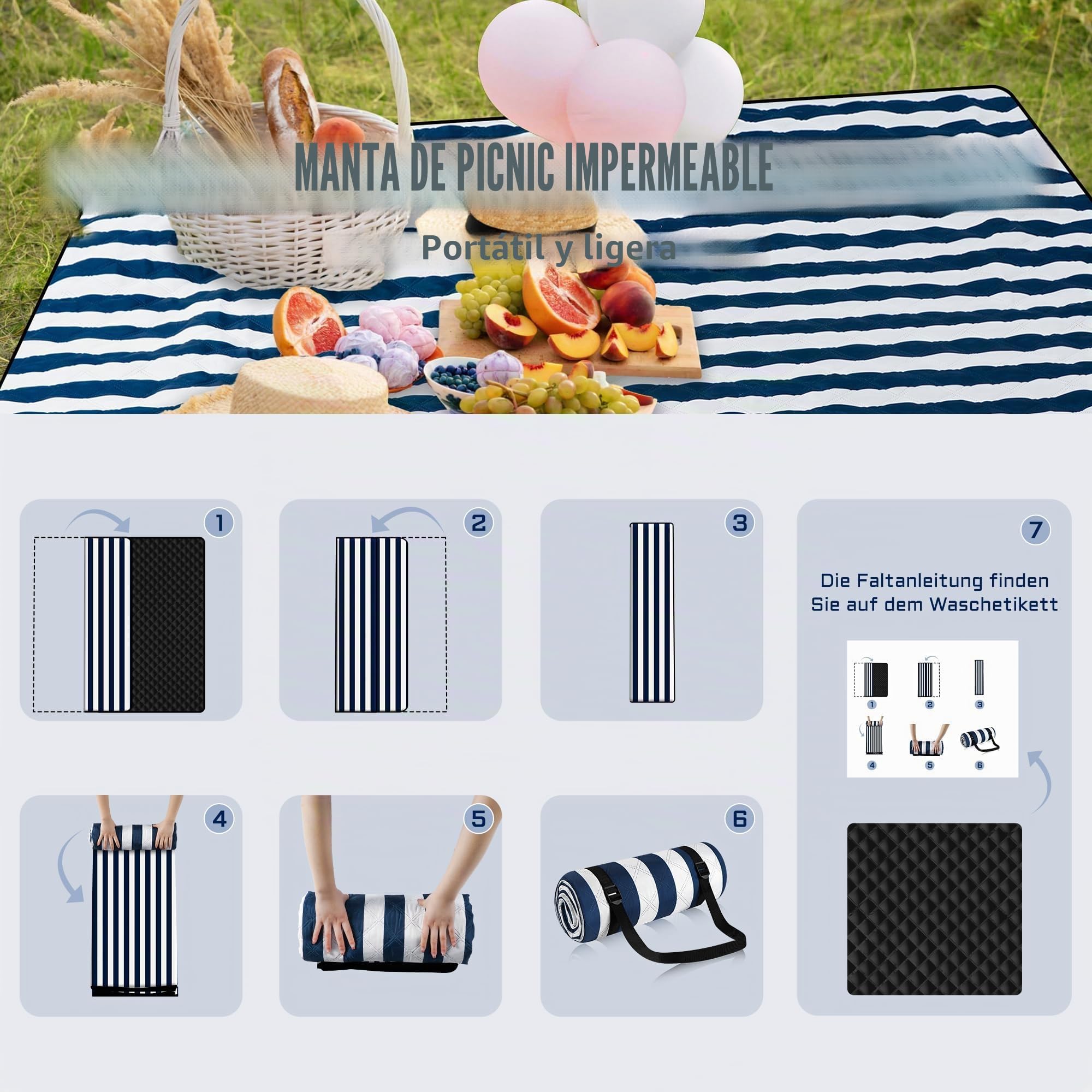 Manta de Picnic Impermeable 200 x 200cm, Manta Playa Sin Arena, Portátil Lavable Esterilla Playa Grande, Manta de Camping para Exteriores, Camping, Playa, Parque, Festival y Picnic
