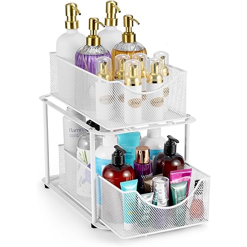 Sorbus 2 Tier Under Sink Bathroom Organizers and Storage, Strong Steel Mesh Sliding Drawers for Enhanced Bathroom Storage Ideal Bathroom Organization and Storage & Under Kitchen Sink Organizer (White)