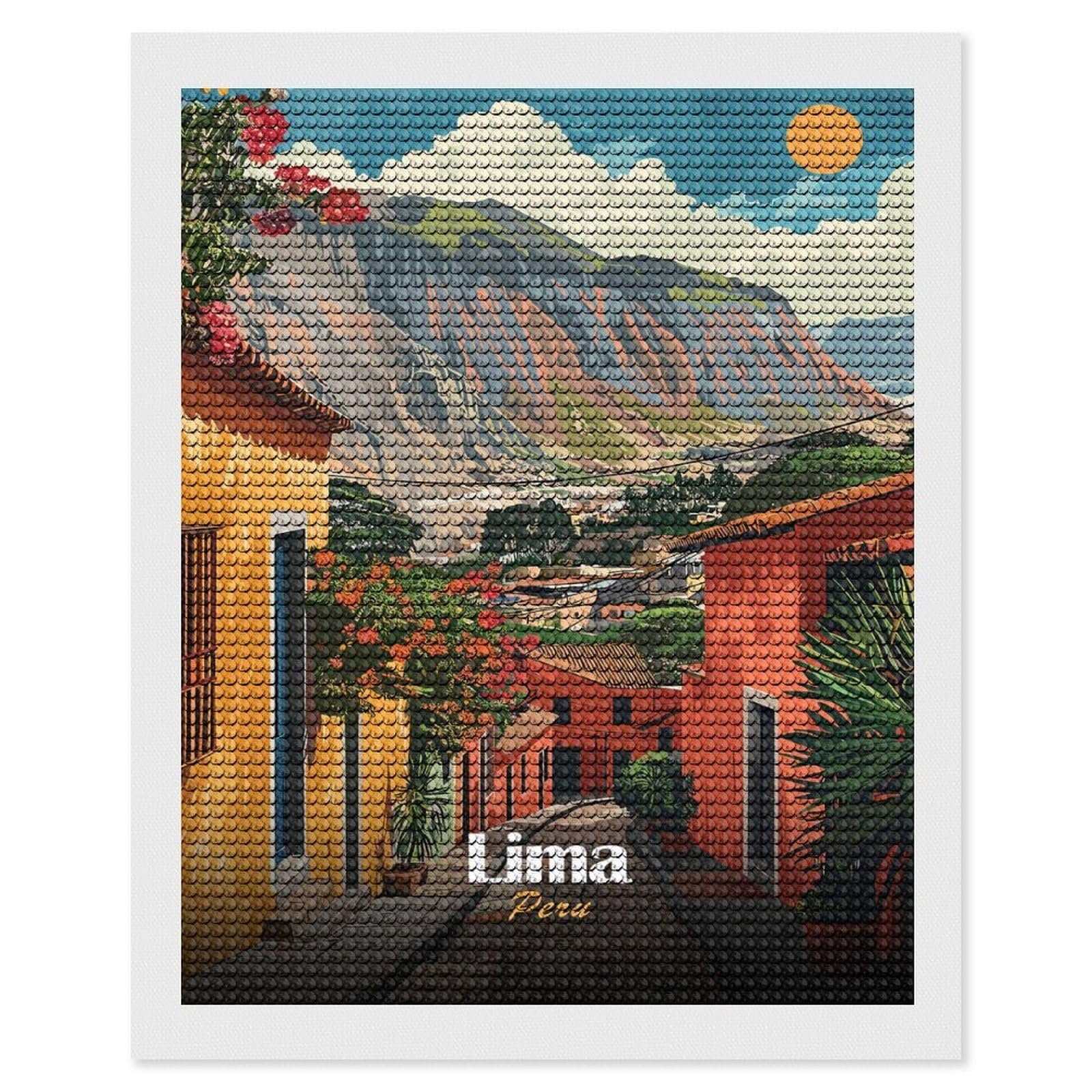 Junmoney Lima, Peru Travel DIY Diamond Art Canvas Kit 16"x20", Pleasing Wall Art Project, Easy Handmade Project, Living Room Decor
