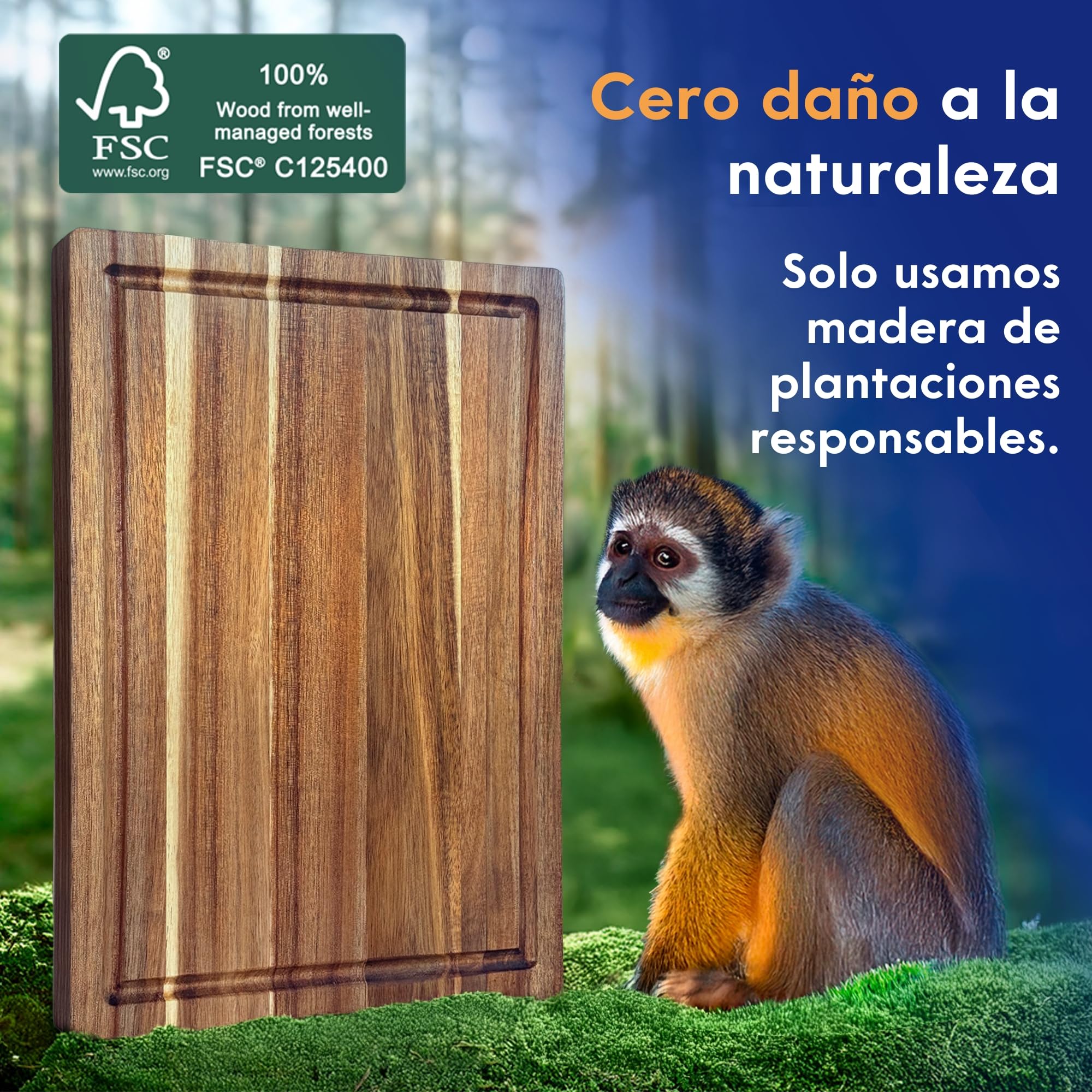 Ziruma Tabla de Cortar de Madera de Acacia FSC — Sin Aceite Mineral ni PFAS, Tratada con Cera de Abeja, Aceite de Lino y Limón — 40 × 28 × 2,5 cm