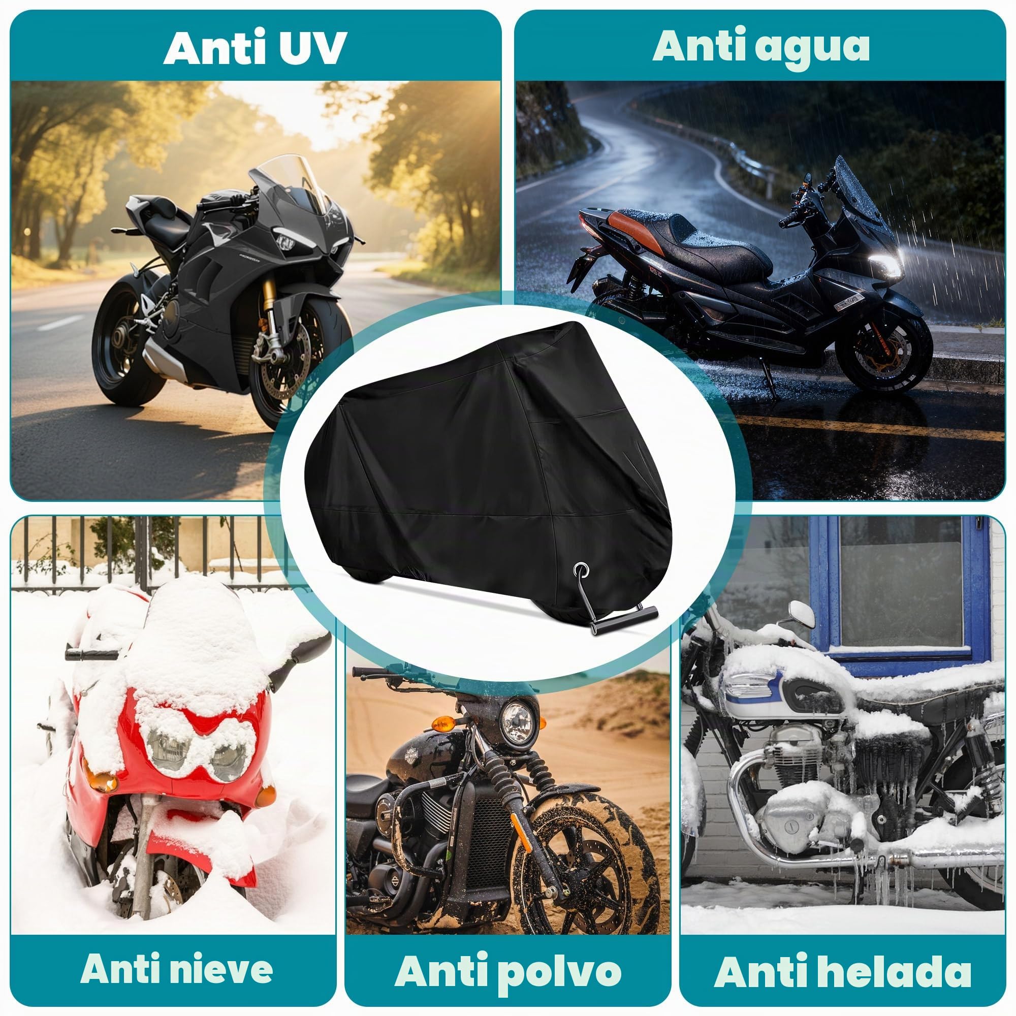 Funda Moto Impermeable Cubre Moto Impermeable Exterior Interior 210D Poliéster Capa Protector Lluvia UV Polvo Viento Nieve Excremento de Pájaro para Cubre Scooter Motocicleta (245x105x125cm)