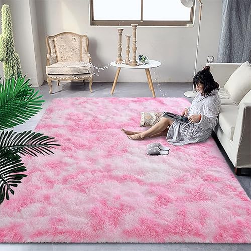 DweIke - Alfombras esponjosas para dormitorio, sala de estar, alfombras de interior de 4 x 6 pies, alfombras peludas teñidas anudadas, color rosa