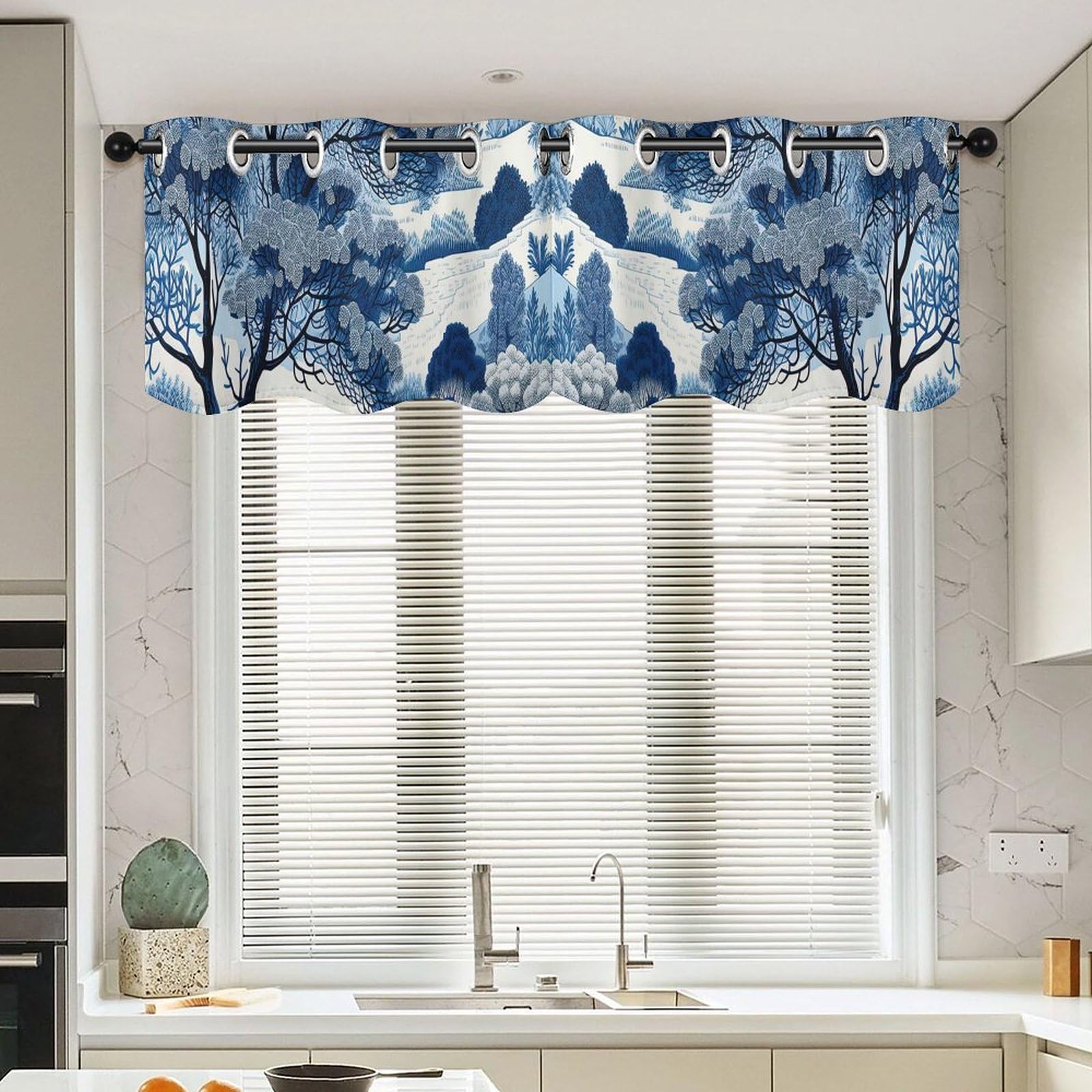 Cantonnière chinoise bleue et blanche 132x45,7 cm pour salon (lot de 2)