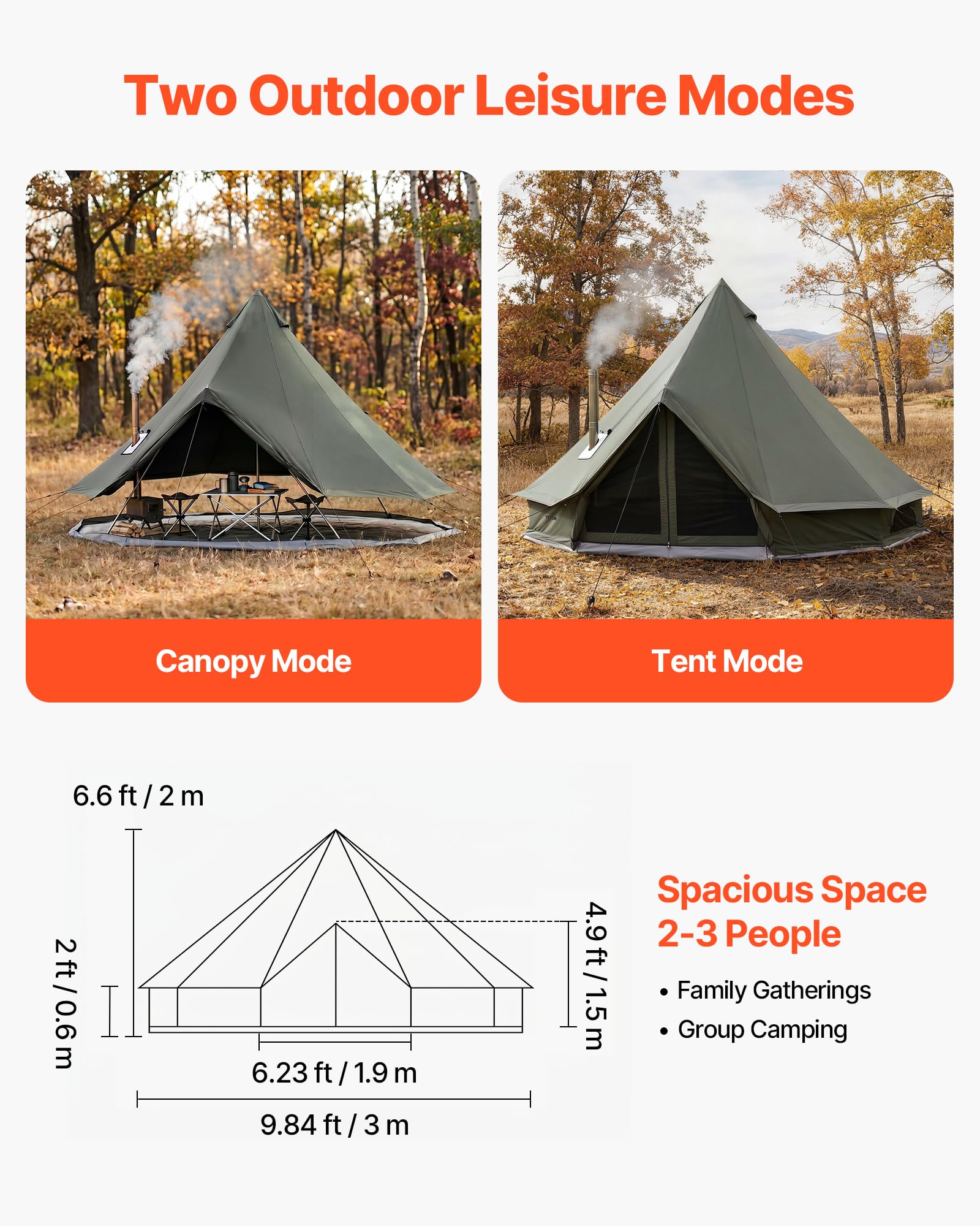 VEVOR Tienda de Campaña para 2-3 Personas, Tienda de Campaña Tipi, de Polialgodón Transpirable, con Suelo Desmontable con Cremallera Salida de Humos para la Estufa, para Glamping Camping Fiestas Grupo