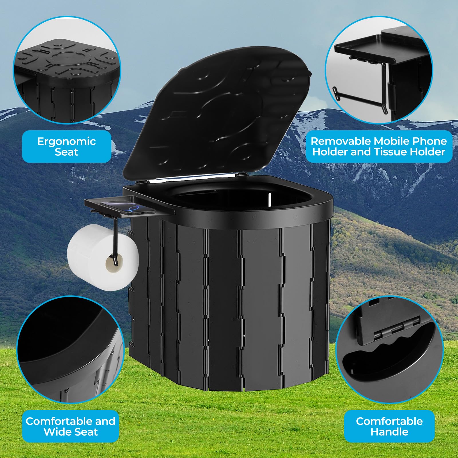 WC Portatil Inodoro Portatil Baño con Portarrollos de Papel y Bandeja Bater Portatil Adultos con 2 Rollos Bolsas de Basura y Funda Soporta Hasta 150 kg para Camping,Atascos de Tráfico