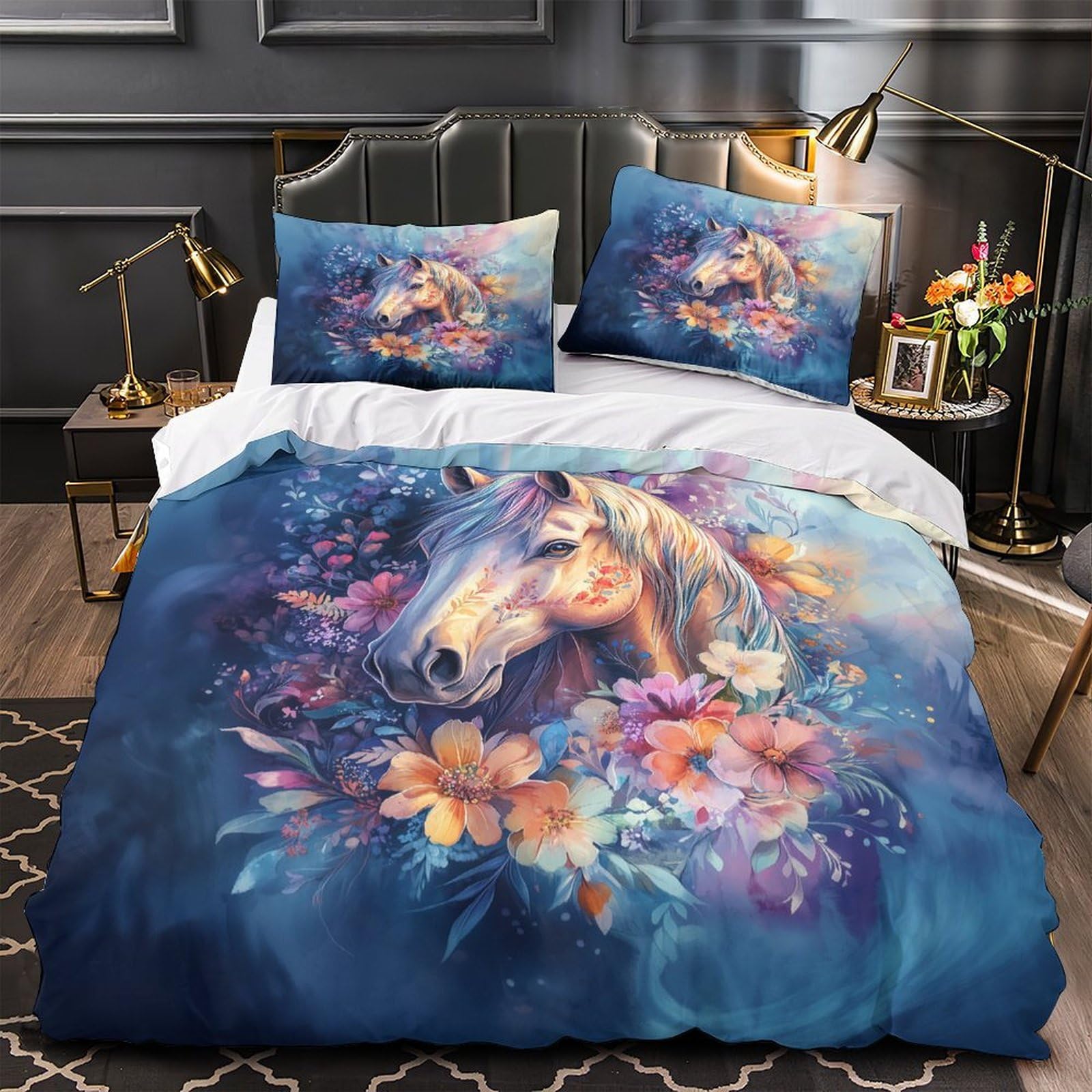 Floral Horse Art Comforter Cover 3D Print Extra Soft 3PCs Bed Linen Hidden Zipper Quilt Cover Premium Wrinkle-Resistant for Teens Youth Kids Boys Girls Women Single（140x200cm）